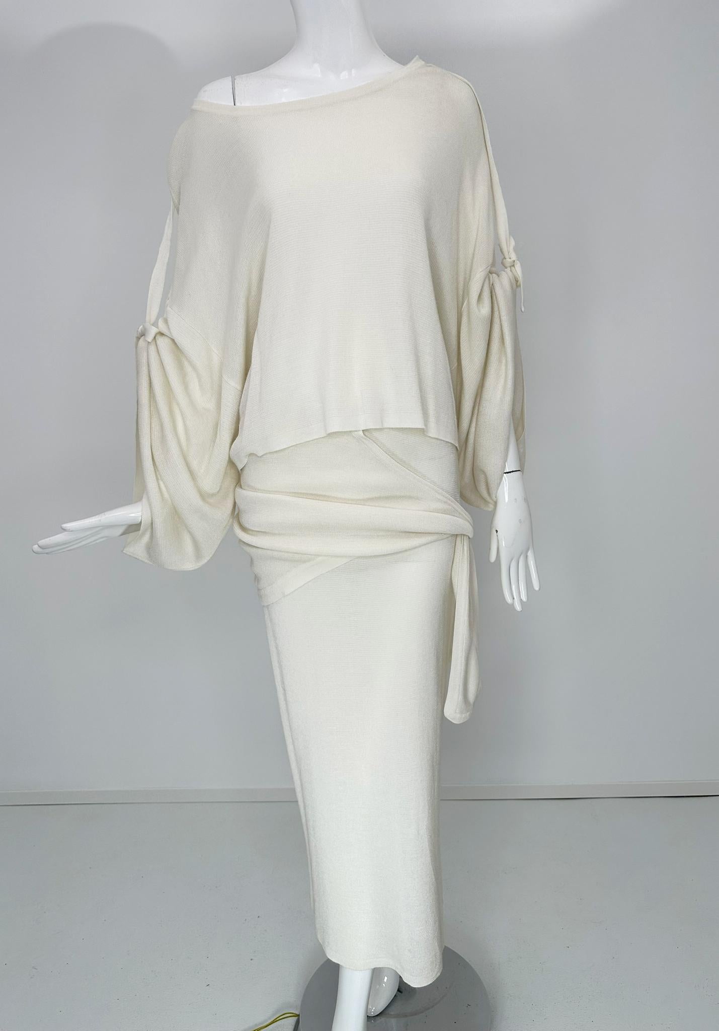 Angelo Tariazzi Paris 2pc Off White Knit Kimono Sleeve Top & Hip Tie Skirt 1980s For Sale 10