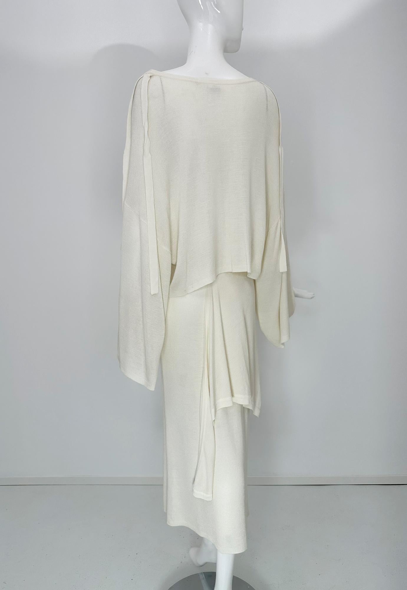 Angelo Tariazzi Paris 2pc Off White Knit Kimono Sleeve Top & Hip Tie Skirt 1980s For Sale 2