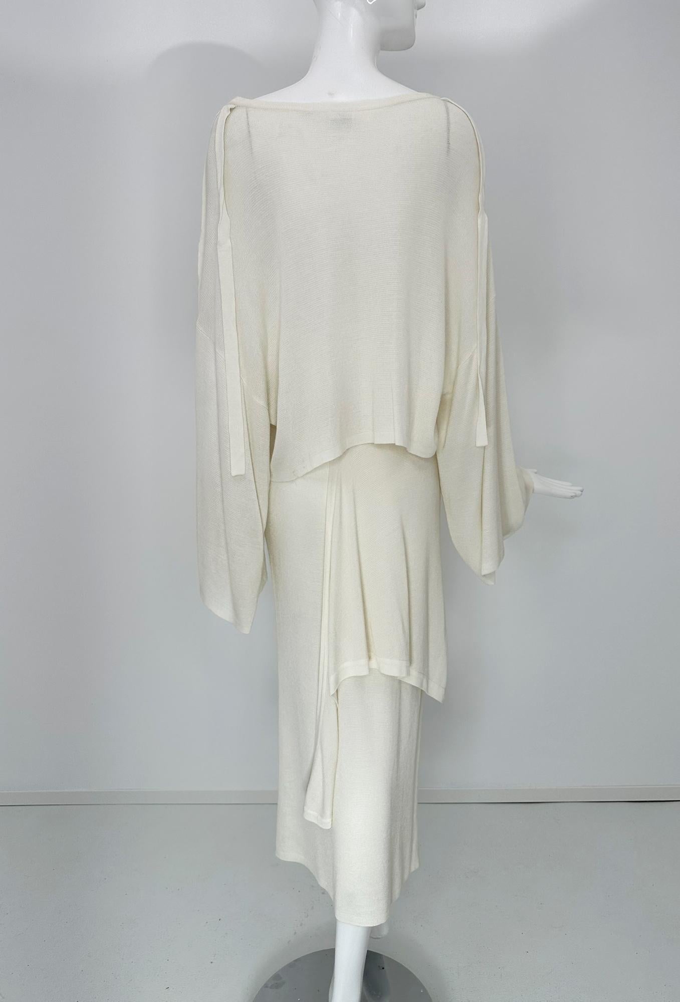 Angelo Tariazzi Paris 2pc Off White Knit Kimono Sleeve Top & Hip Tie Skirt 1980s For Sale 3
