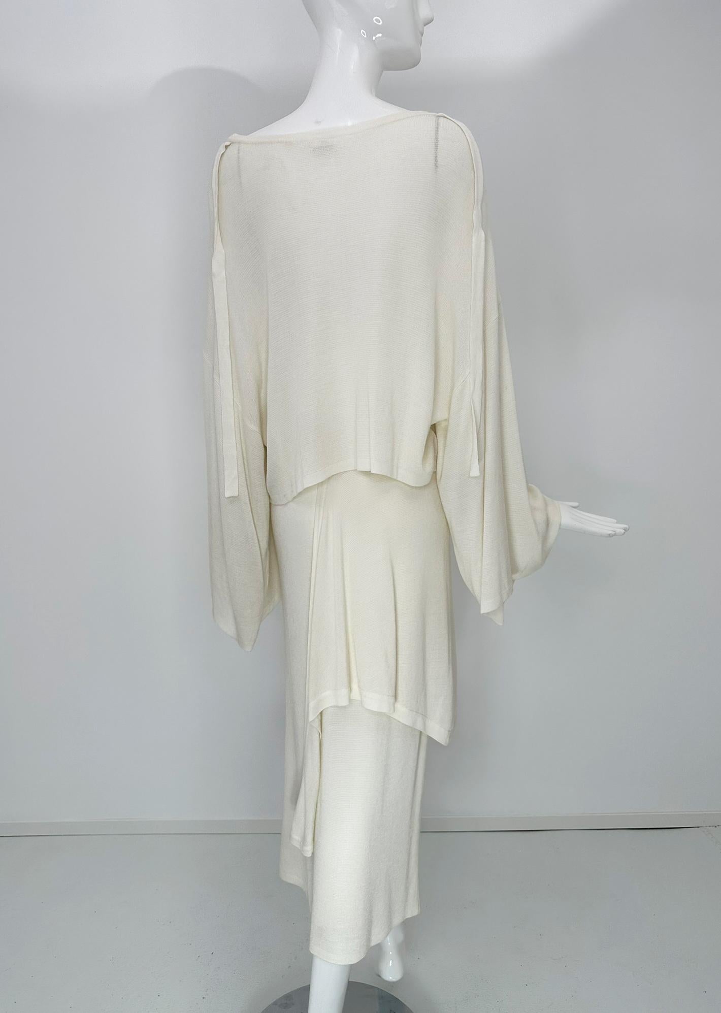 Angelo Tariazzi Paris 2pc Off White Knit Kimono Sleeve Top & Hip Tie Skirt 1980s For Sale 4