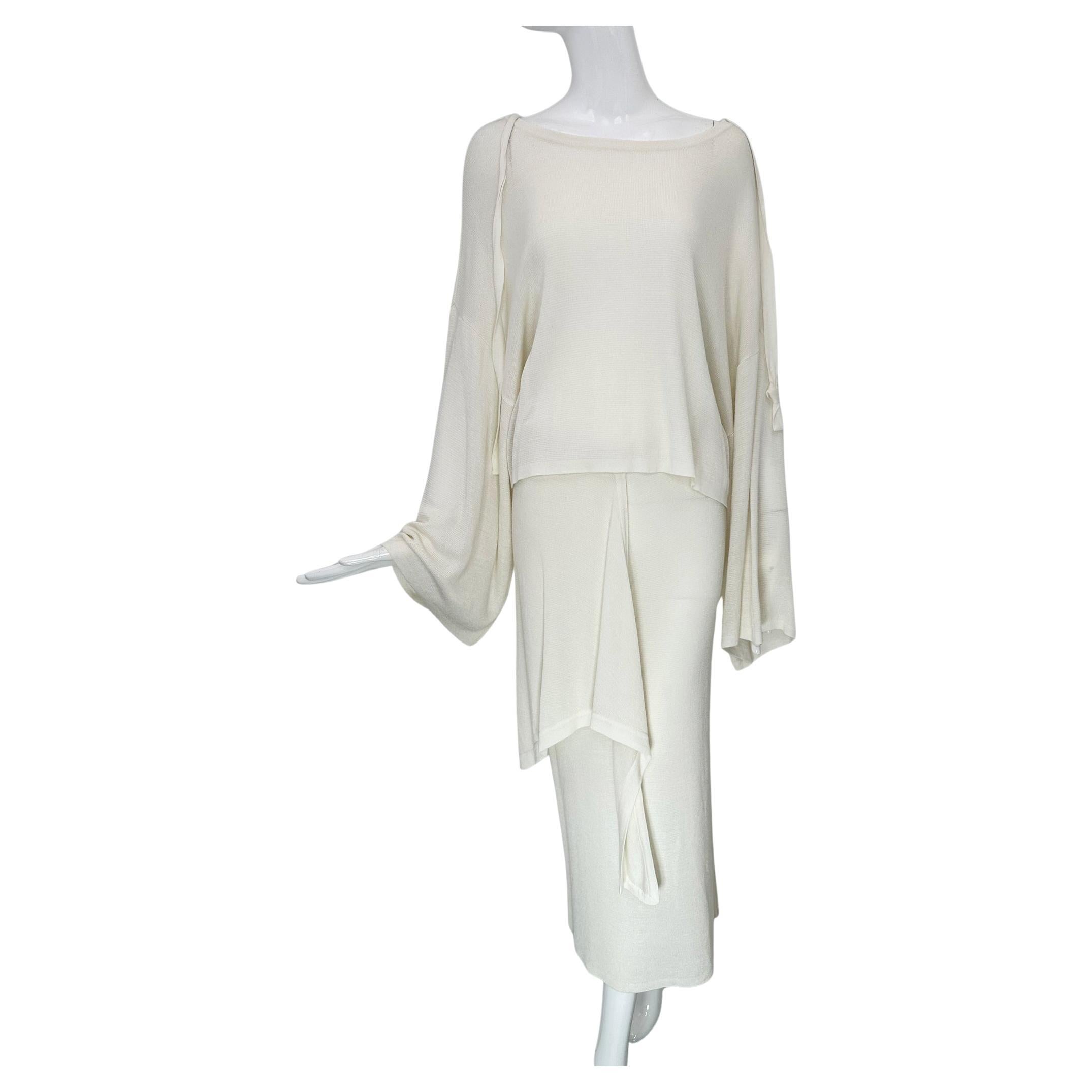 Angelo Tariazzi Paris 2pc Off White Knit Kimono Sleeve Top & Hip Tie Skirt 1980s For Sale