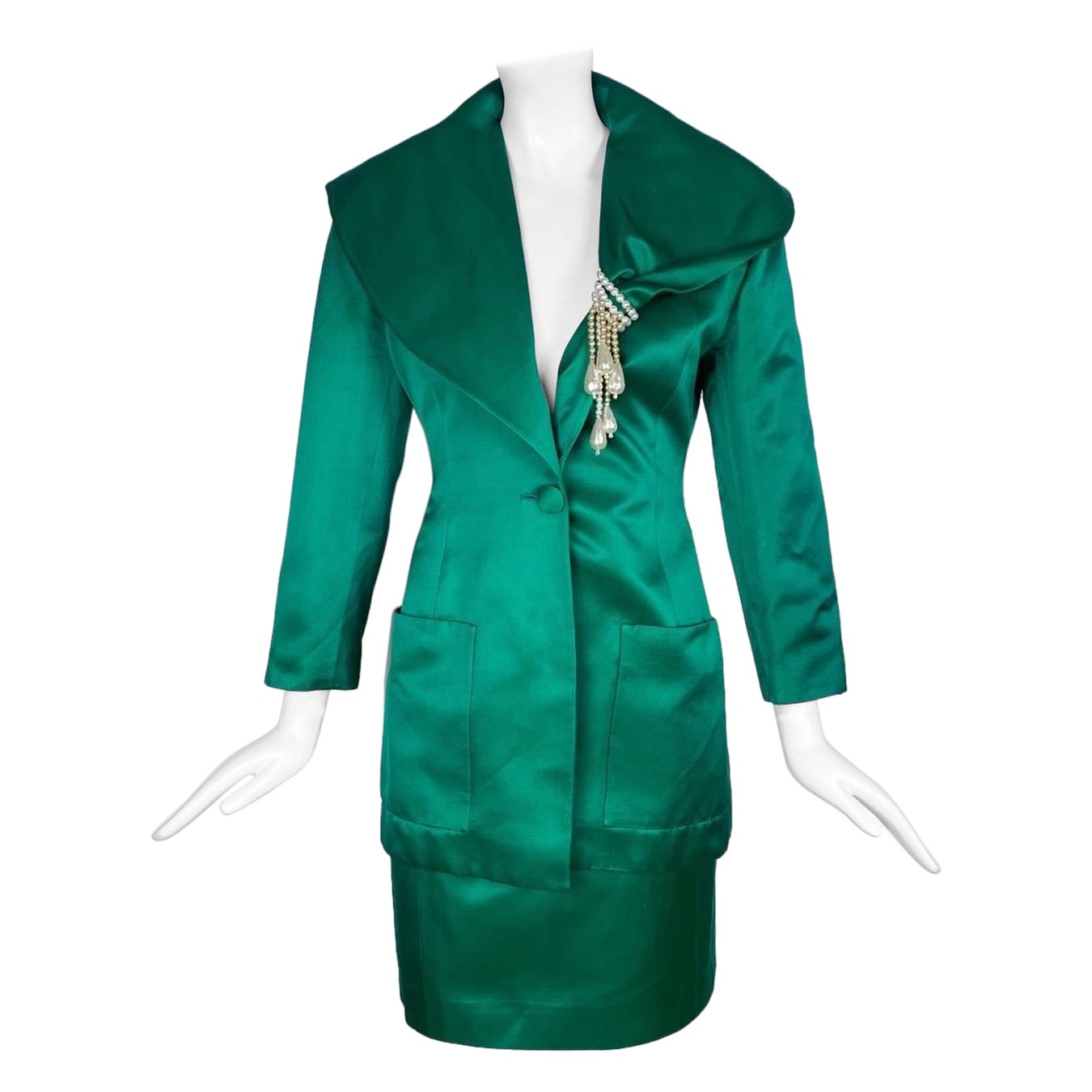 Angelo Tarlazzi, abito con gonna in seta verde smeraldo e colletto oversize, anni '80 in vendita