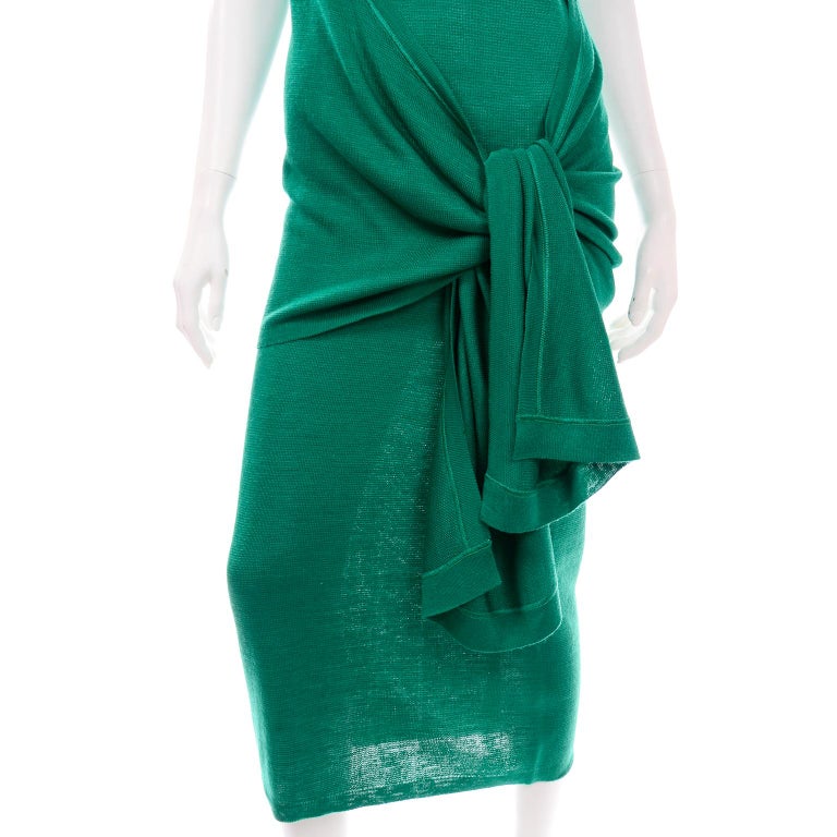 Angelo Tarlazzi Paris Vintage Emerald Green Stretch Knit Dress W Drape Wrap For Sale 6