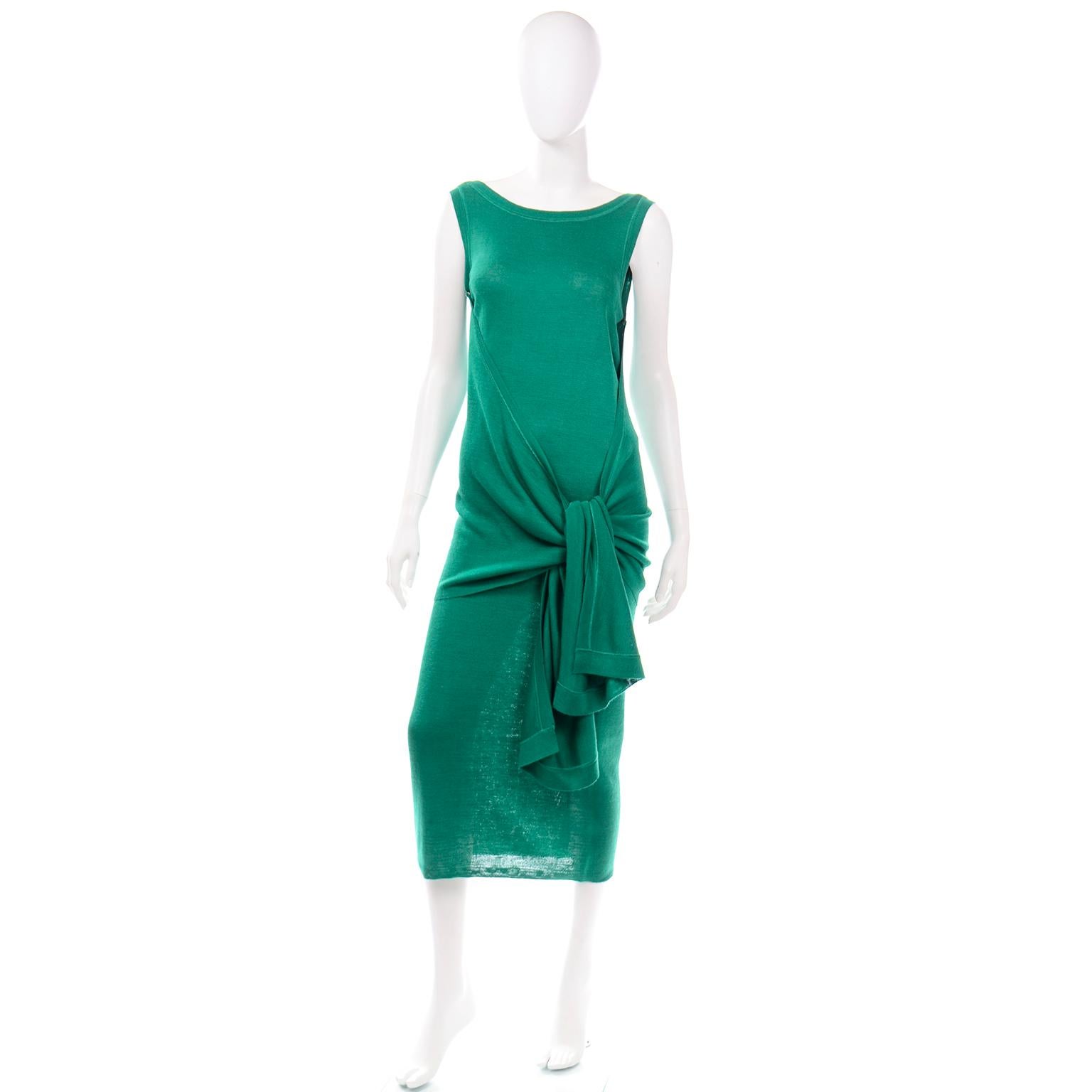 Angelo Tarlazzi Paris Vintage Emerald Green Stretch Knit Dress W Drape Wrap In Excellent Condition For Sale In Portland, OR