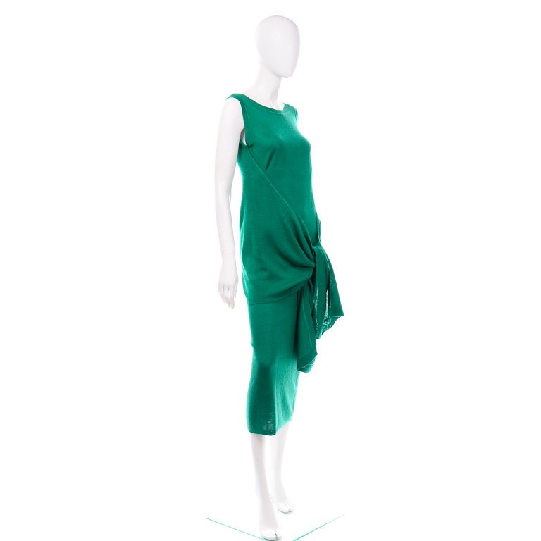 Angelo Tarlazzi Paris Vintage Emerald Green Stretch Knit Dress W Drape Wrap For Sale 1