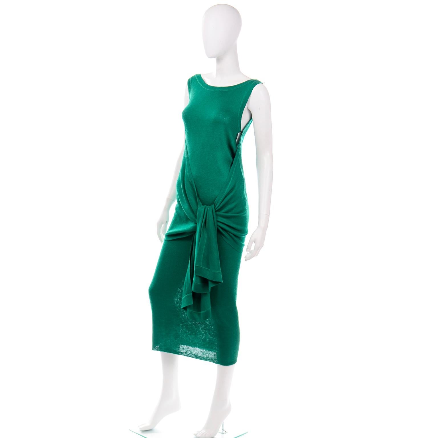 Angelo Tarlazzi Paris Vintage Emerald Green Stretch Knit Dress W Drape Wrap For Sale 4