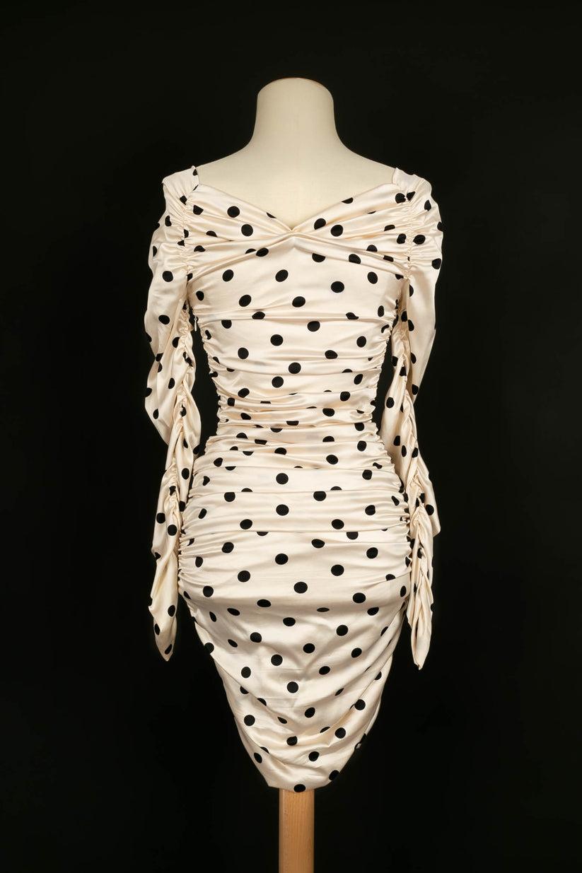 Beige Angelo Tarlazzi Silk Dress with Black Polka Dots For Sale