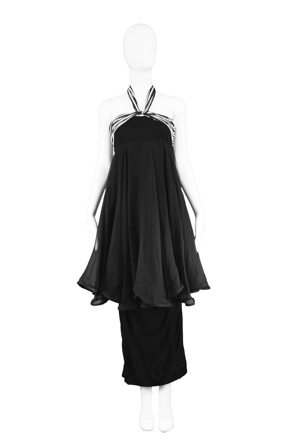 Angelo Tarlazzi Tiered Silk Chiffon & Black Jersey Halter Evening Dress, 1980s

Estimated Size: UK 10/ US 6/ EU 38. Please check measurements. 
Bust - 34” / 86cm
Waist - 28” / 71cm 
Hips - Stretches up to 42” / 106cm
Length (Bust to Hem) - 47” /