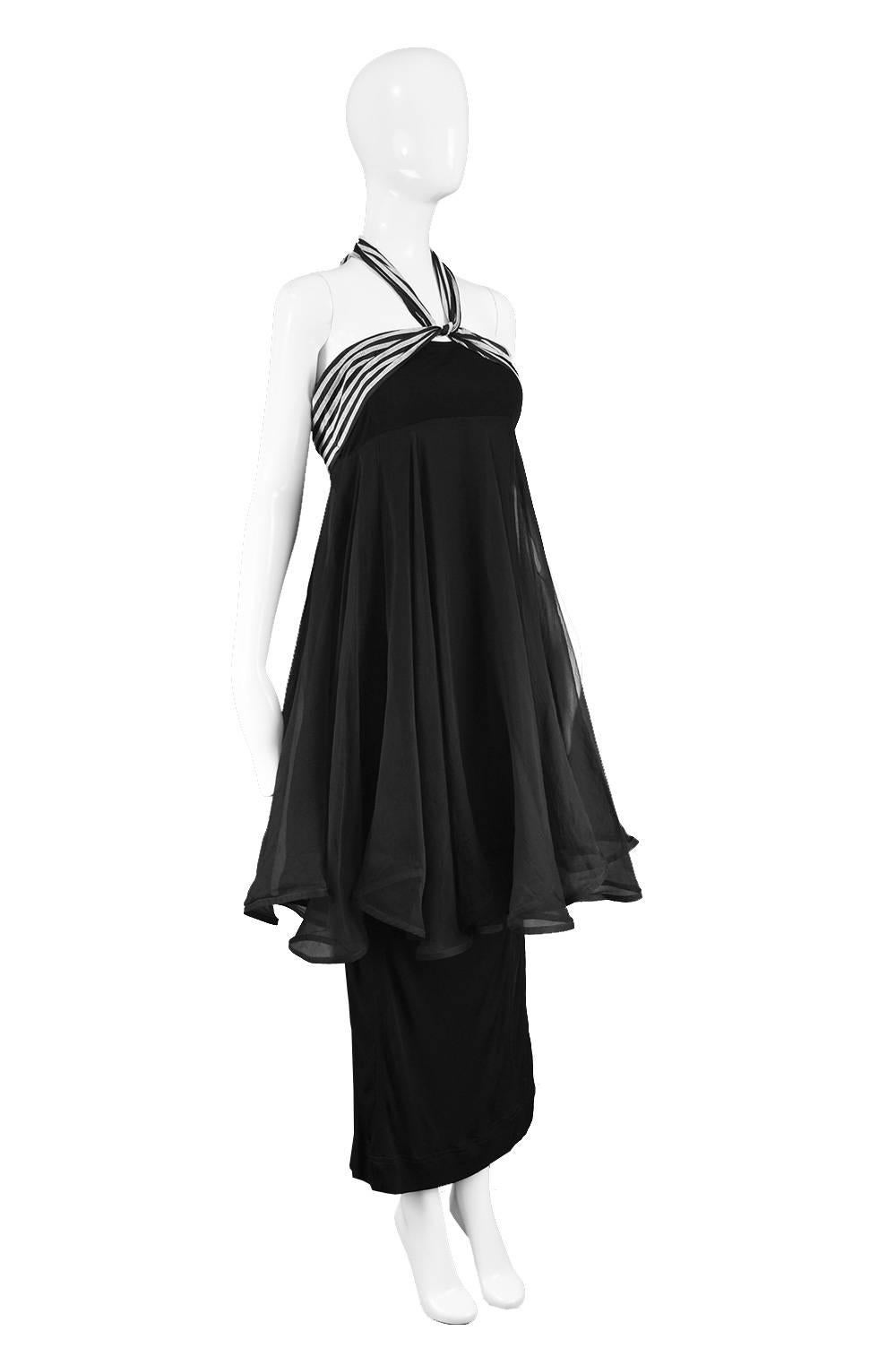 Angelo Tarlazzi Tiered Silk Chiffon and Black Jersey Halter Evening Dress, 1980s In Good Condition For Sale In Doncaster, South Yorkshire