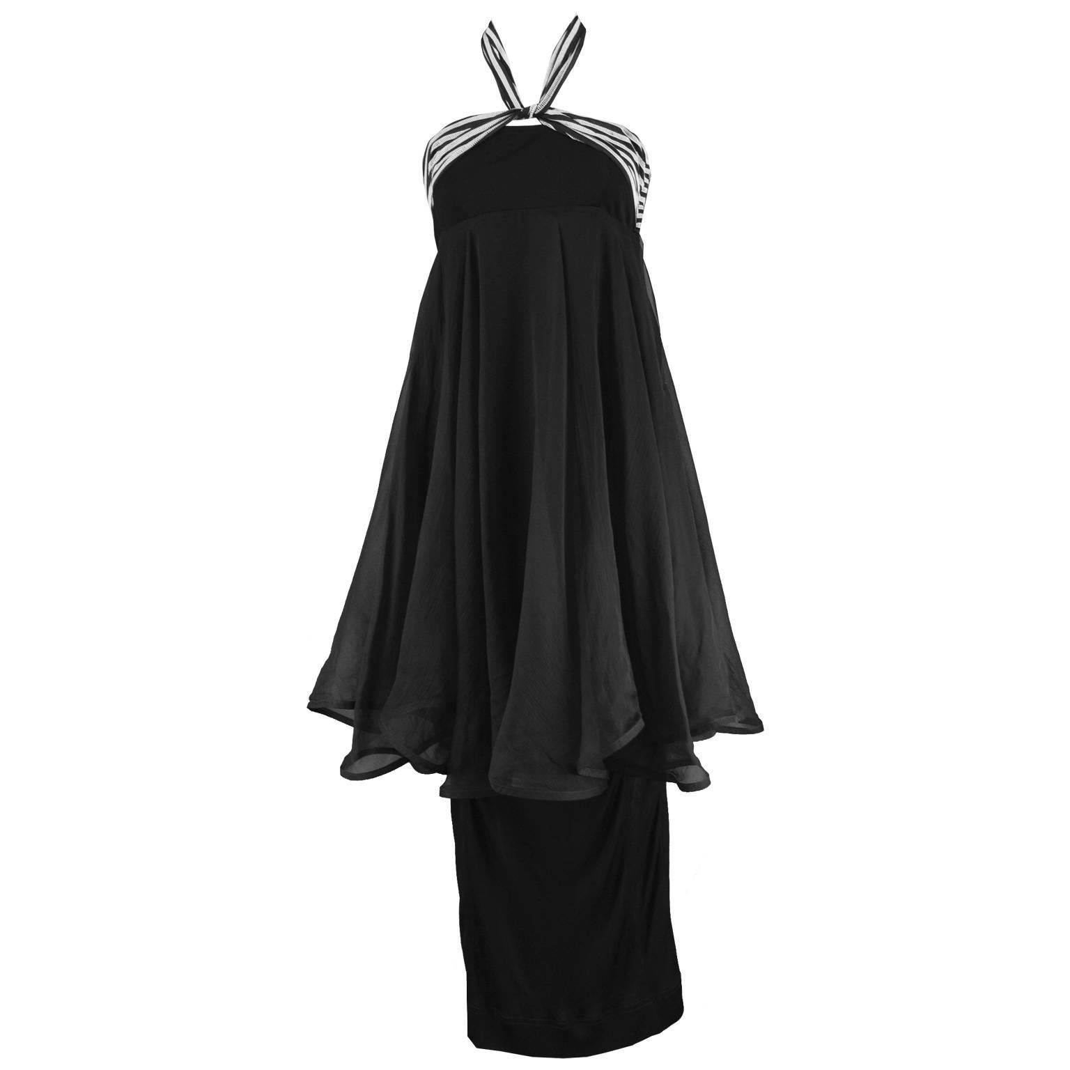 Angelo Tarlazzi Tiered Silk Chiffon and Black Jersey Halter Evening Dress, 1980s For Sale