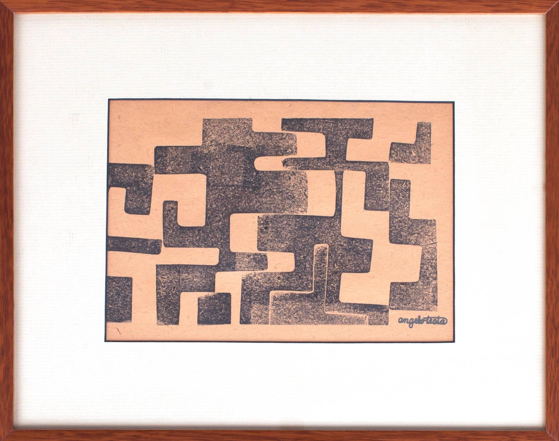 Angelo Testa (1921-1984)
Zwei signierte geometrische Drucke des bedeutenden Textildesigners Angelo Testa, eines Schülers von László Moholy-Nagy, der für seine komplexen abstrakten Stoffe bekannt ist, die er in den 1950er und 1960er Jahren für Knoll
