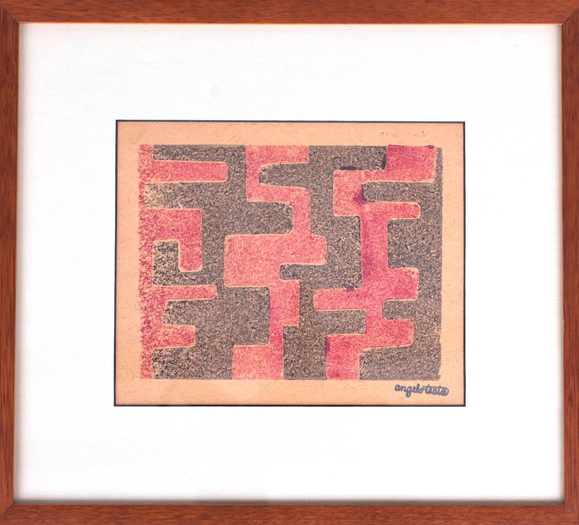 Angelo Testa: Ein Paar signierte geometrische abstrakte Drucke in Rot und Gelb, 1950er Jahre (Moderne der Mitte des Jahrhunderts) im Angebot