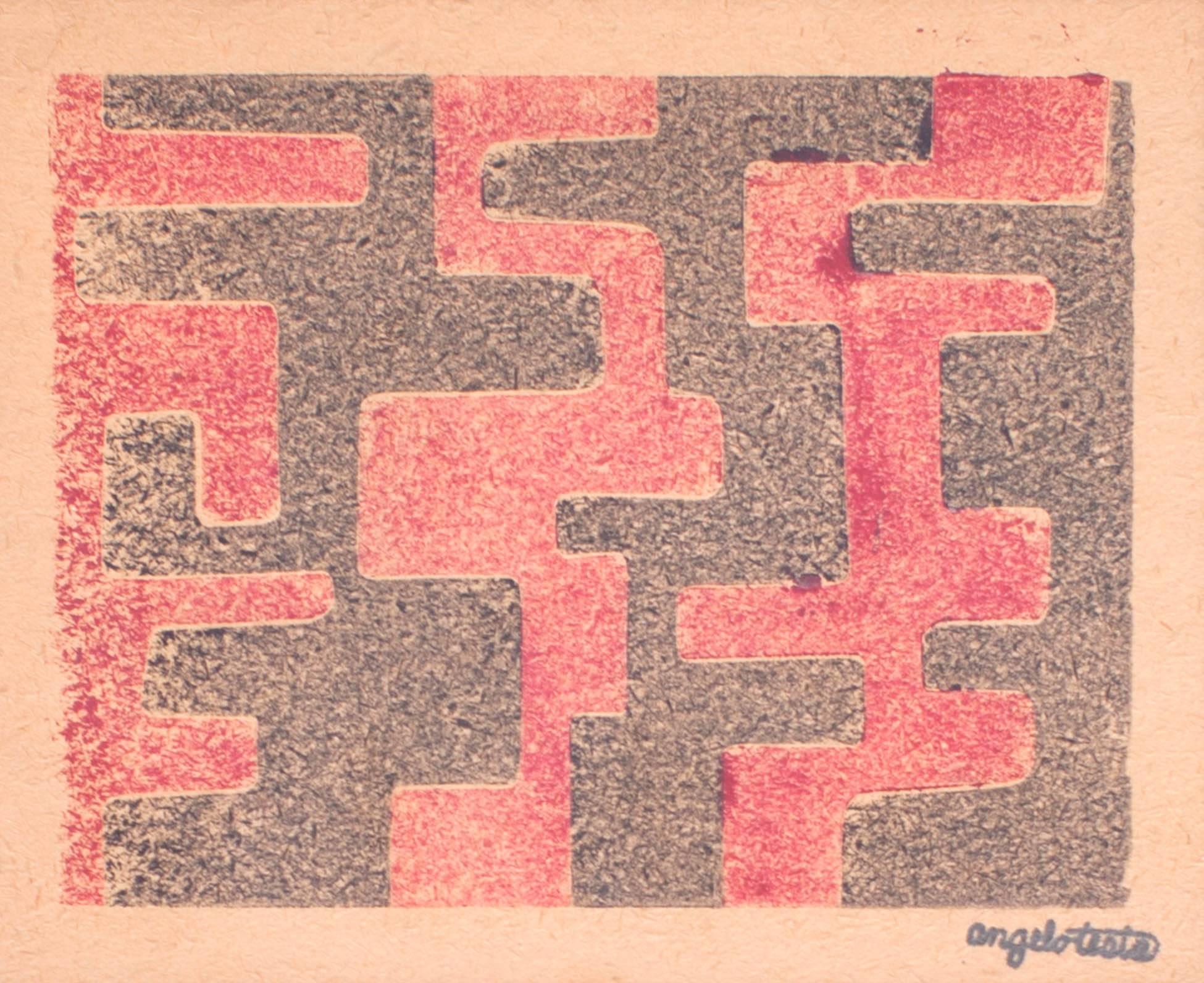 Américain Angelo Testa : Paire d'impressions géométriques abstraites signées en rouge et jaune, années 1950 en vente