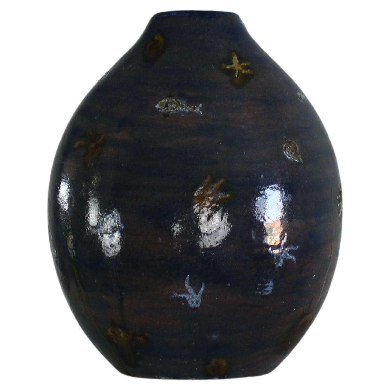 Angelo Ungania Vase in Blue Ceramic with Marine Decorations 1940s Italy