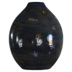 Angelo Ungania Round Shaped Decorative Vase in Blue Ceramic 1940s Italy