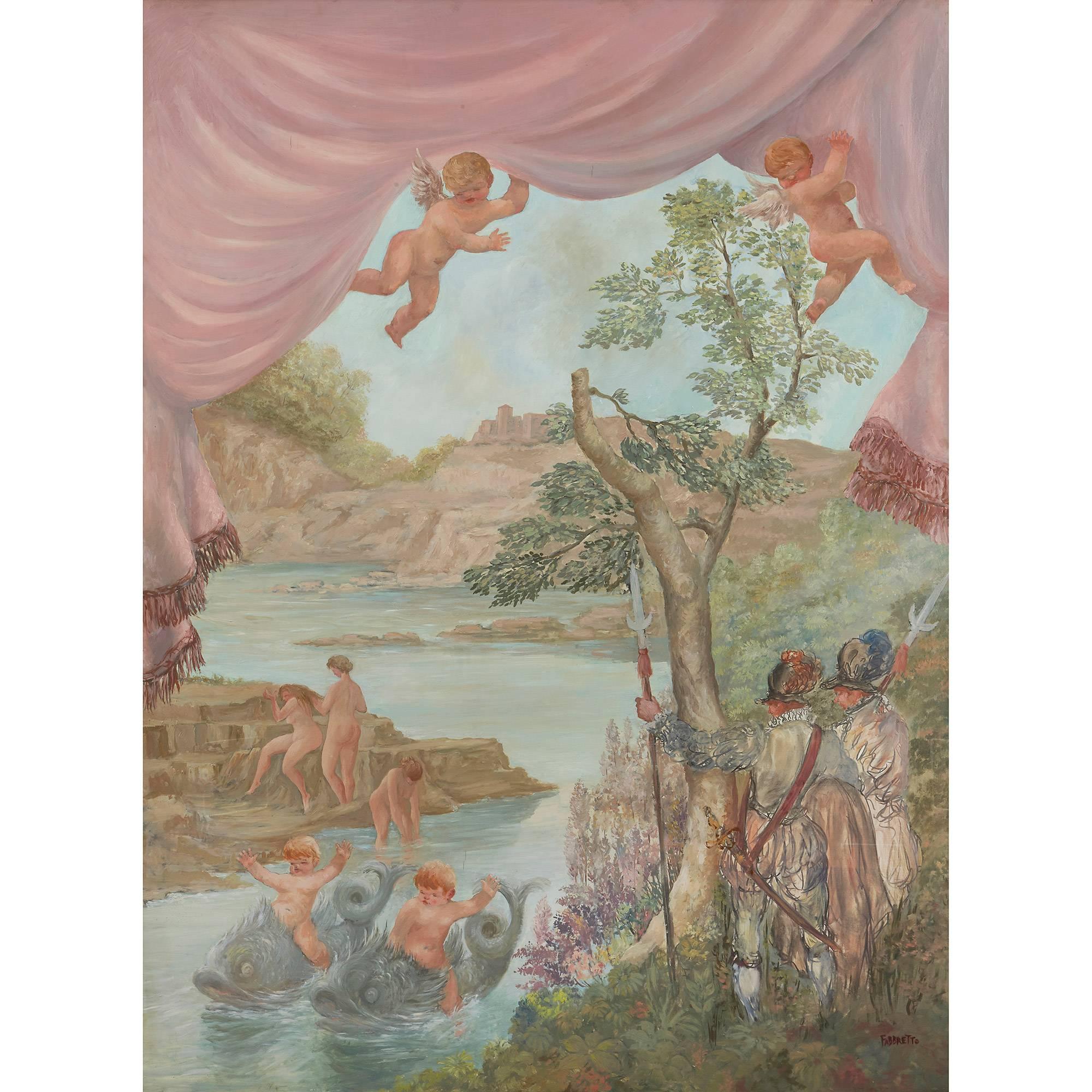 Cavaliers Watching Bathing Nymphs, large oil on canvas painting by Fabretto - Painting by Angelo Urbani del Fabbretto