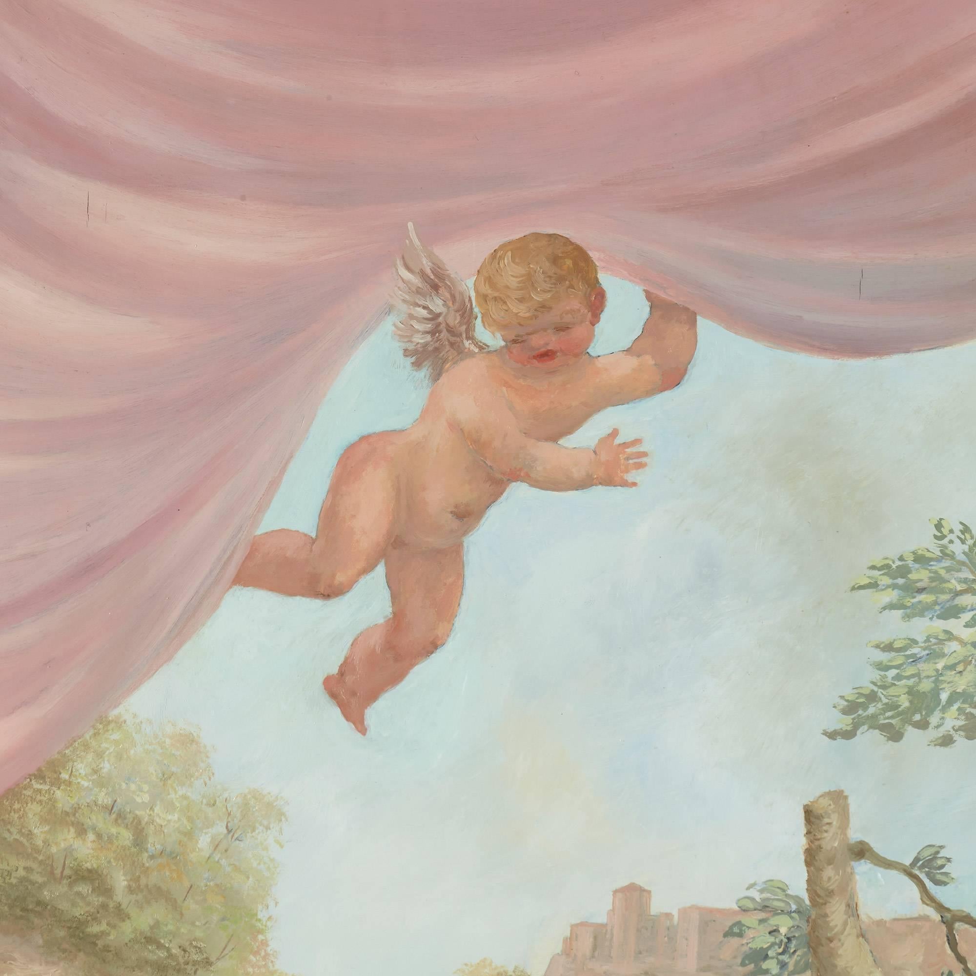 Cavaliers Watching Bathing Nymphs, grande peinture à l'huile sur toile de Fabretto - Marron Figurative Painting par Angelo Urbani del Fabbretto