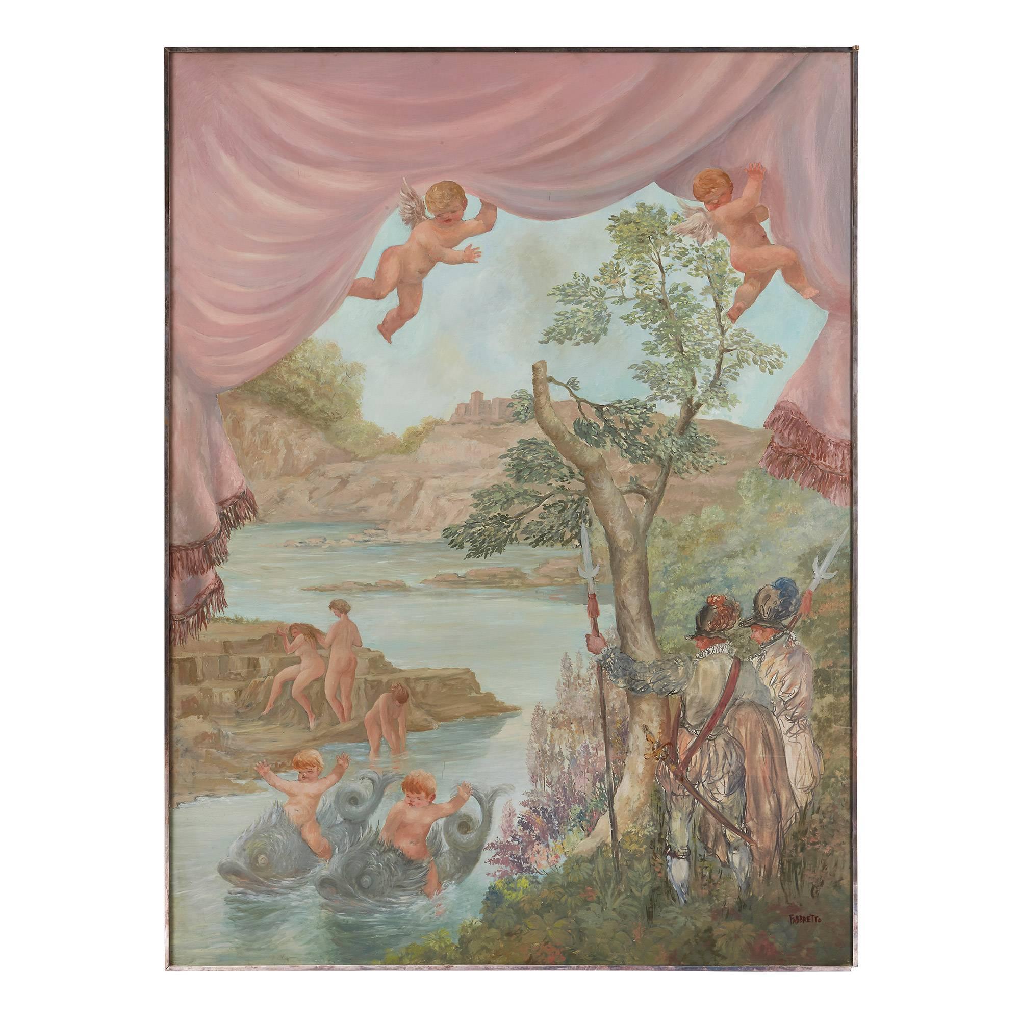 Angelo Urbani del Fabbretto Figurative Painting – Cavaliers Watching Bathing Nymphs, großes Ölgemälde auf Leinwand von Fabretto