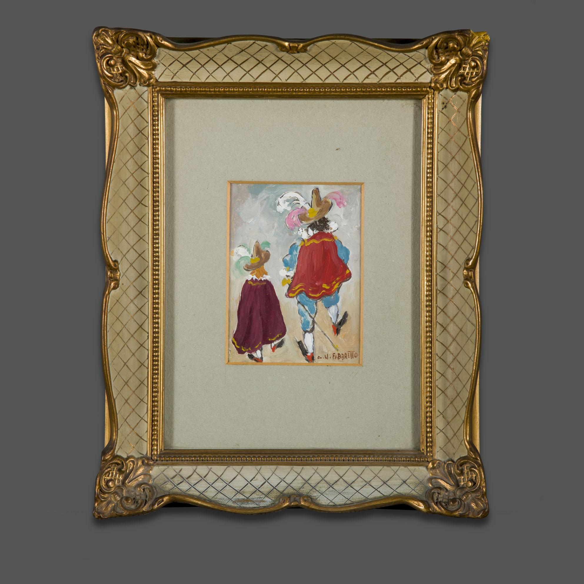 Modern Italian Oil Paint Masks Painting Signed Angelo Urbani del Fabbretto
This wonderful painting is an oil on panel by Angelo Urbani del Fabbretto, titled *Masks*. 
The work fully reflects the artist’s characteristic expressionist style and his