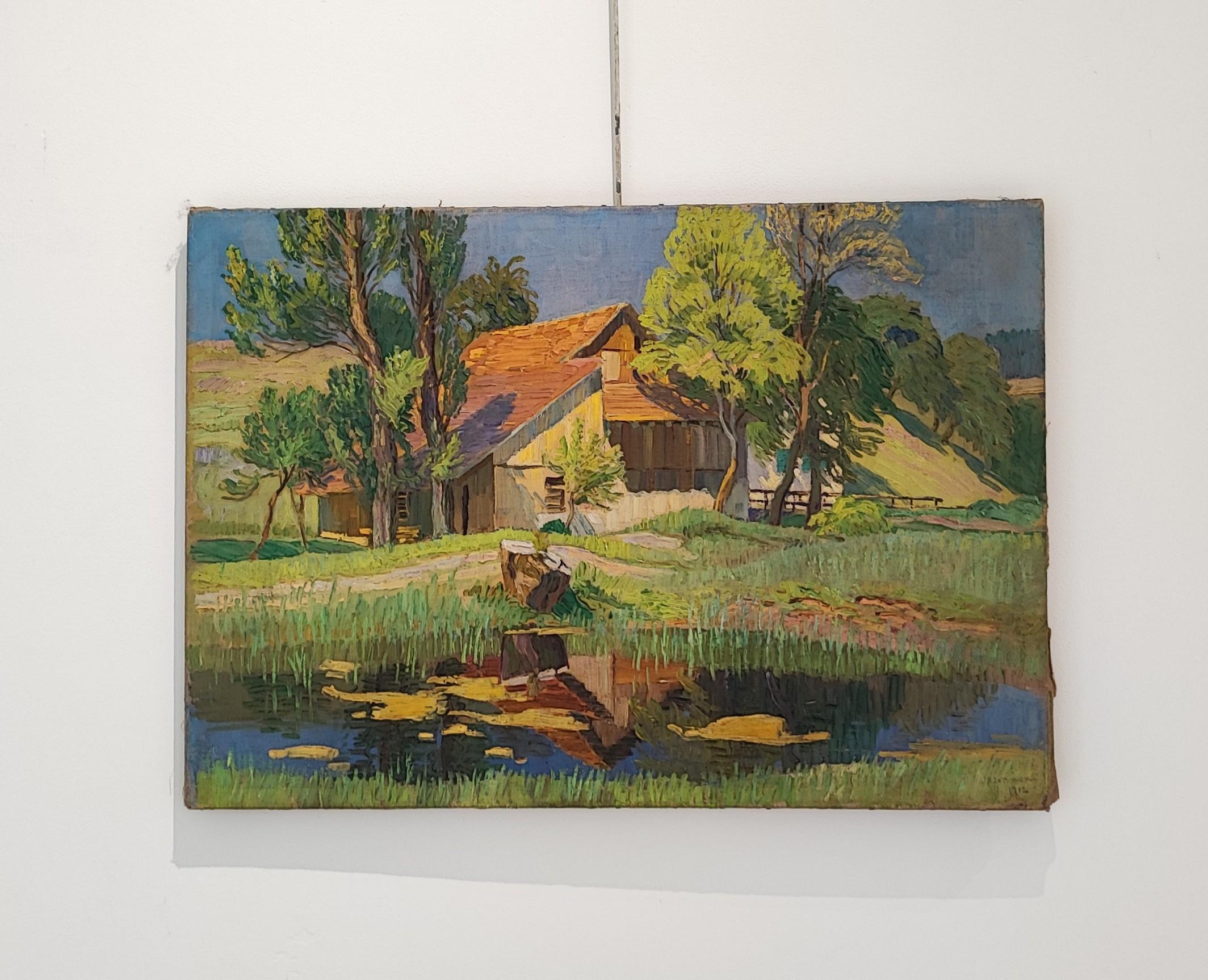 Farm by the pond - Painting by Angelo Volpe