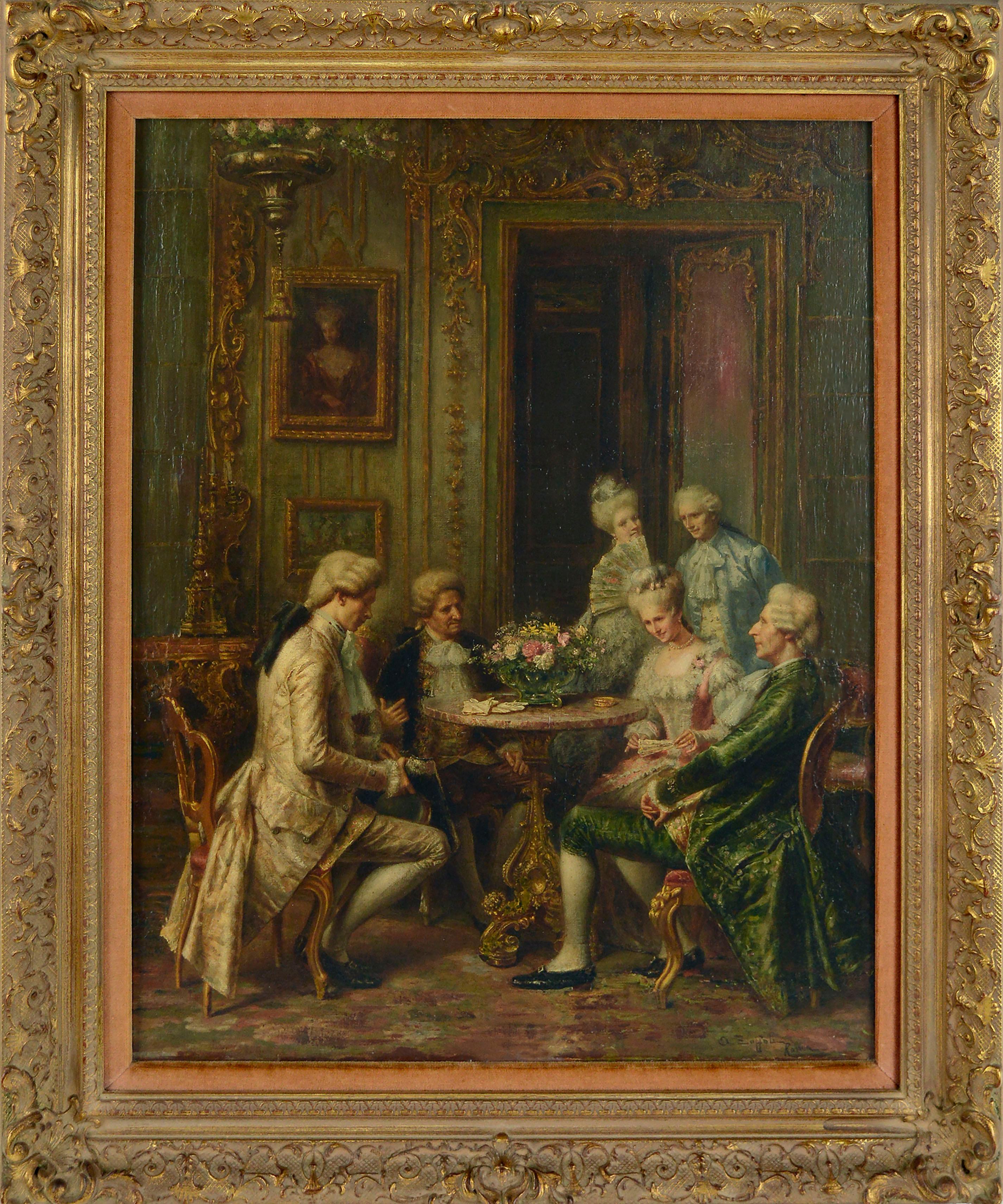 Angelo Zoffoli Figurative Painting - Late 19th Century Fine Parlor Scene, Rococo Figurative Interior