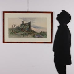 View of Corfu with a Small Church and a Monk, watercolor on paper. Signed on the bottom.