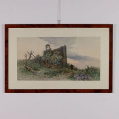 View of Corfu with a Small Church and a Monk, watercolor on paper. Signed on the bottom.