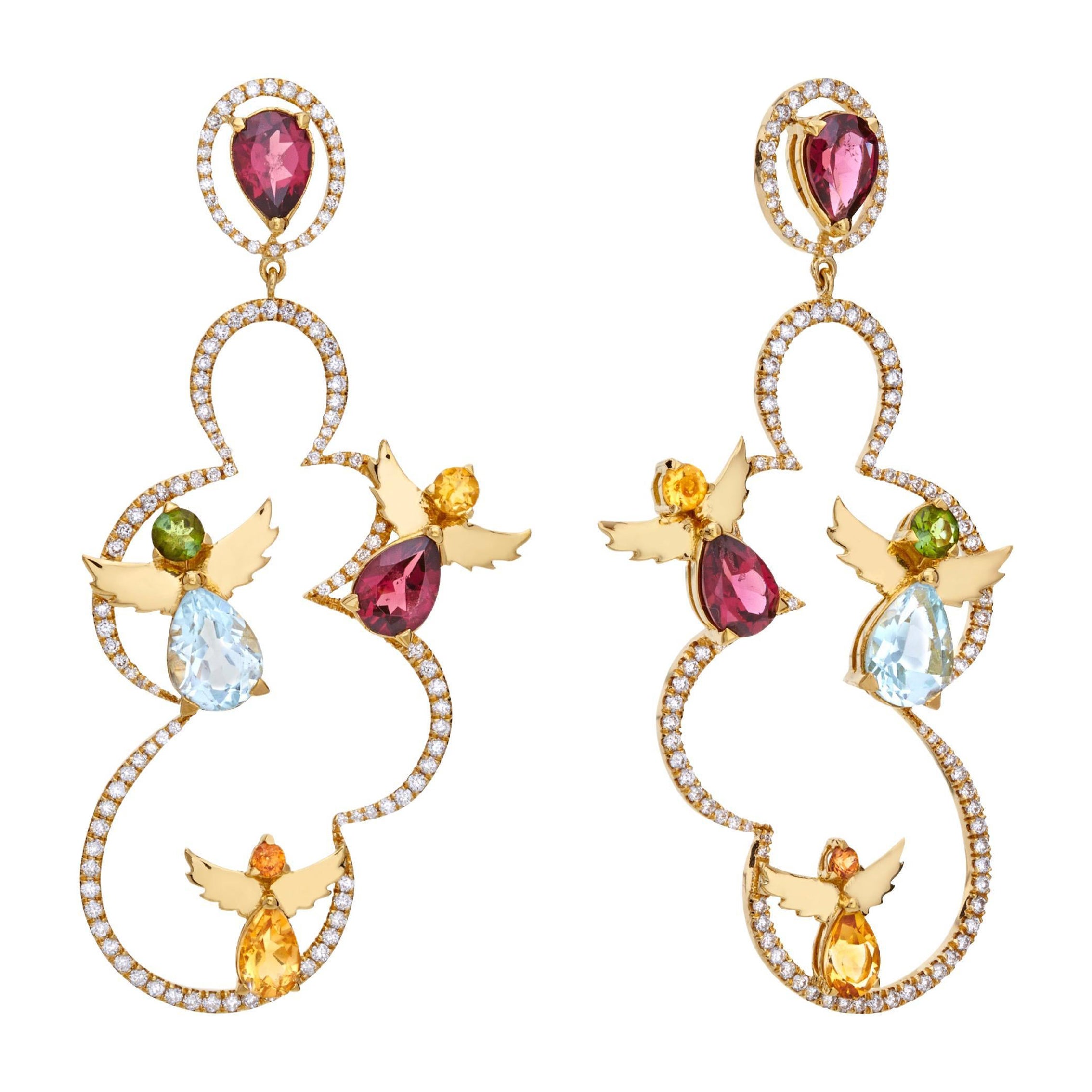 Pendientes Nubes de Ángel de oro amarillo de 18 quilates con diamantes y piedras semipreciosas en venta