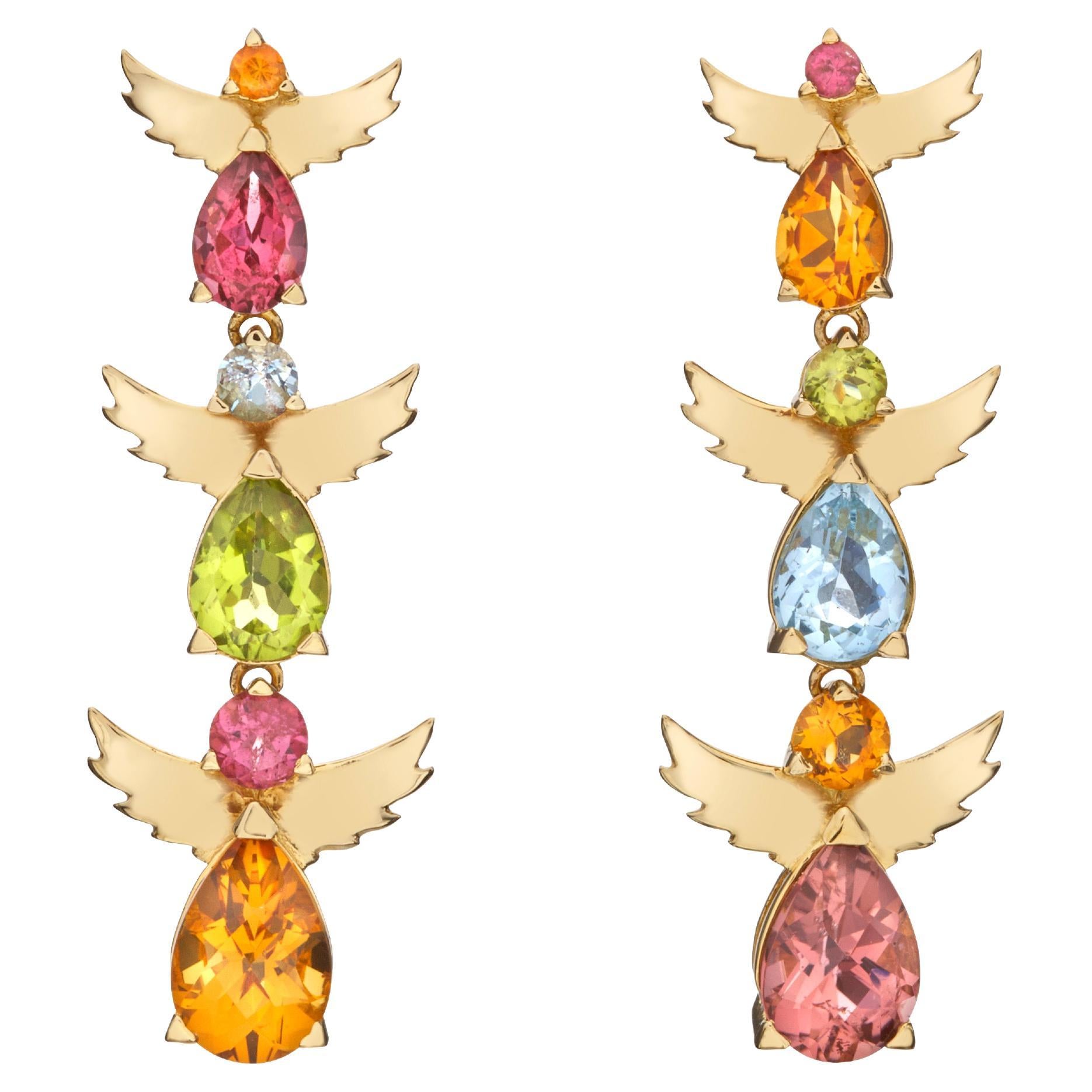 Angels Dangle Earrings in 18 Kt Yellow Gold with Semi-Precious Stones Gift 