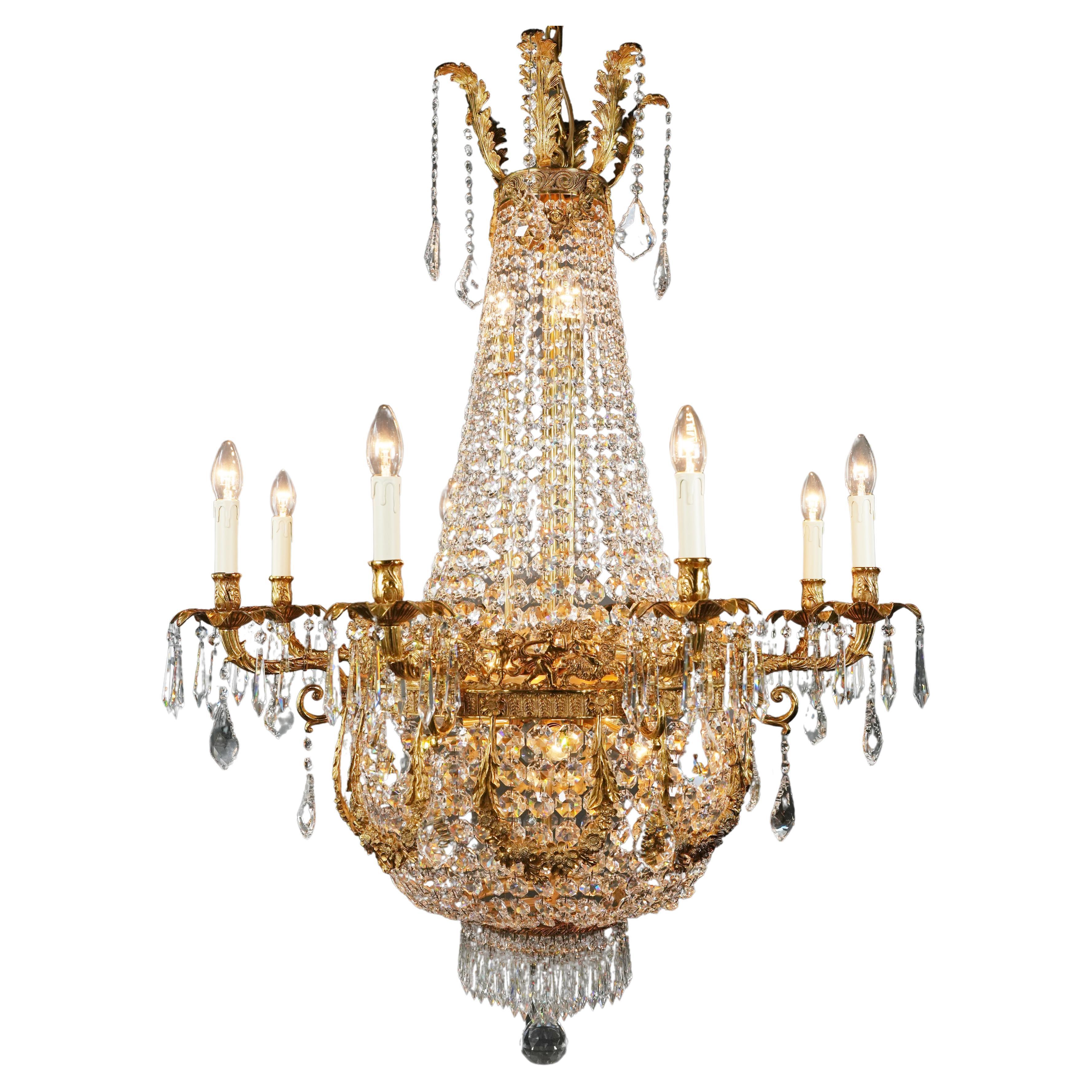 Putto Wreat Brass Basket Empire Sac a Pearl Chandelier Crystal and Antique Gold