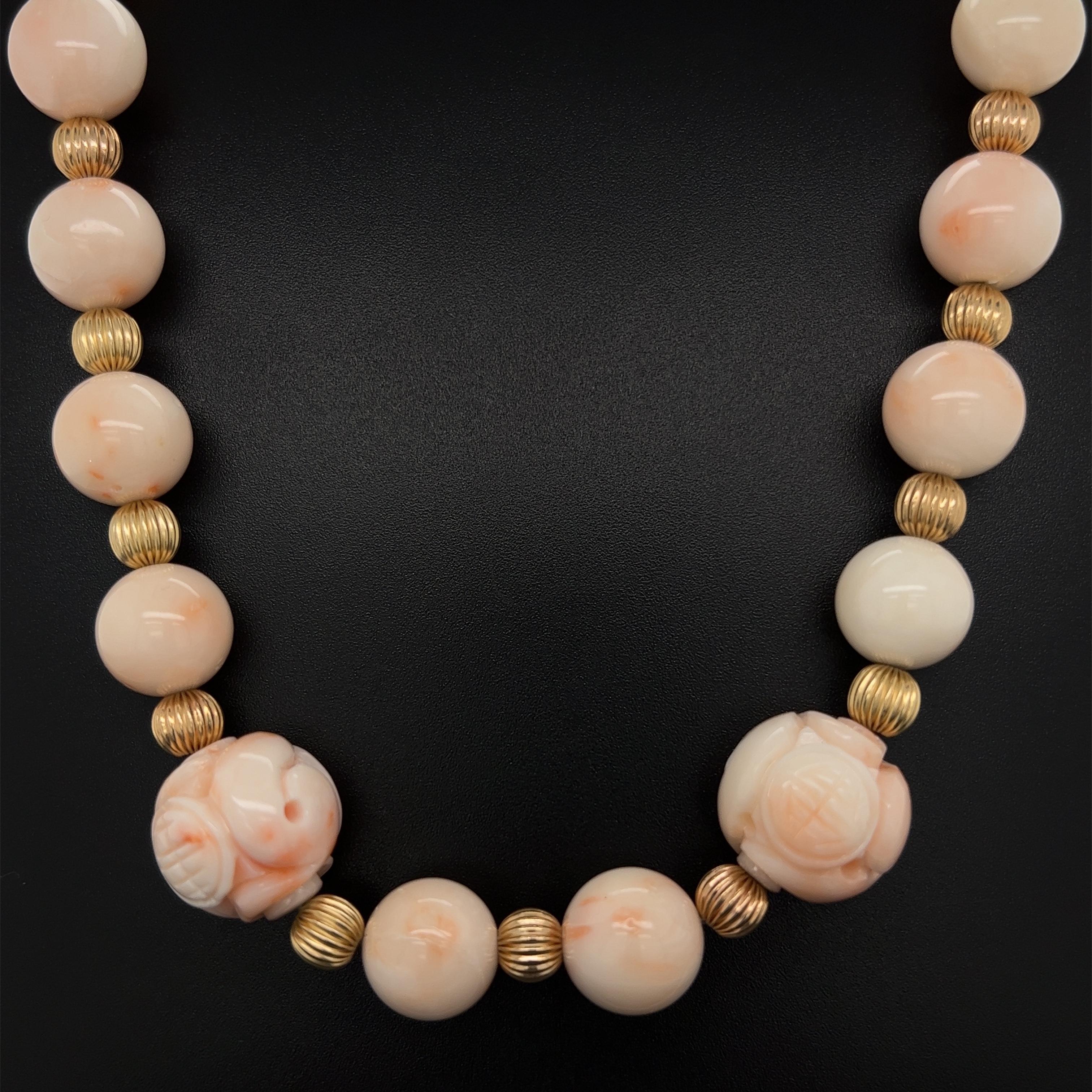 Contemporary Angelskin Coral Carved and Bead Gold Necklace  For Sale
