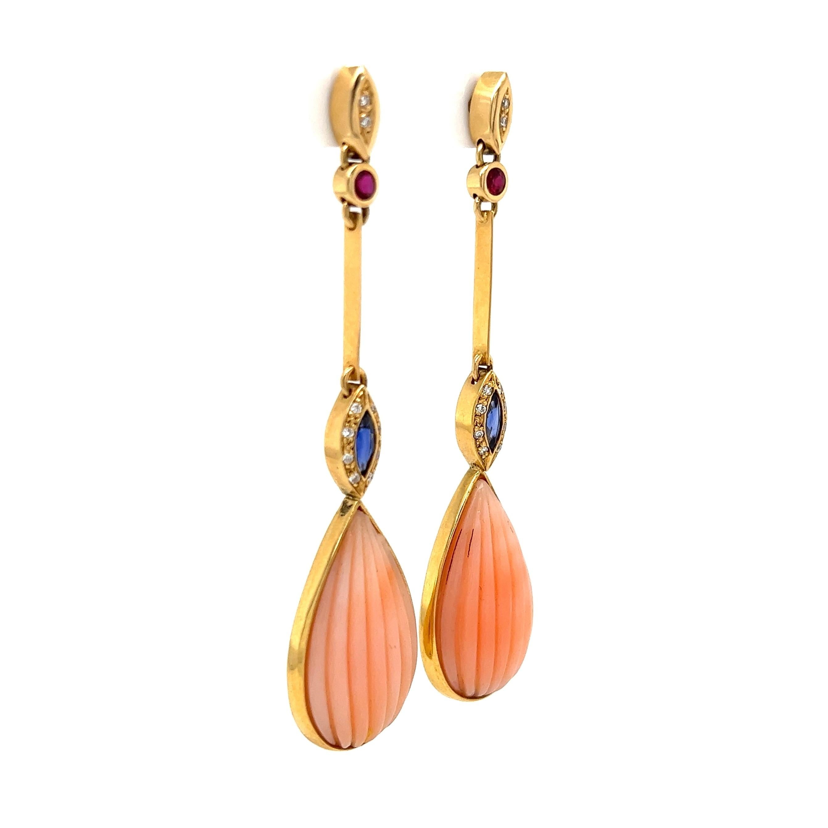 Simply Beautiful!  Finely detailed and Diamond Drop Earrings set with Angelskin Coral, Sapphire, Ruby Diamonds weighing approx. approx. 0.12 Carats, suspending Angelskin Coral Drops, providing an amazing look! Hand crafted in 18K Yellow Gold.