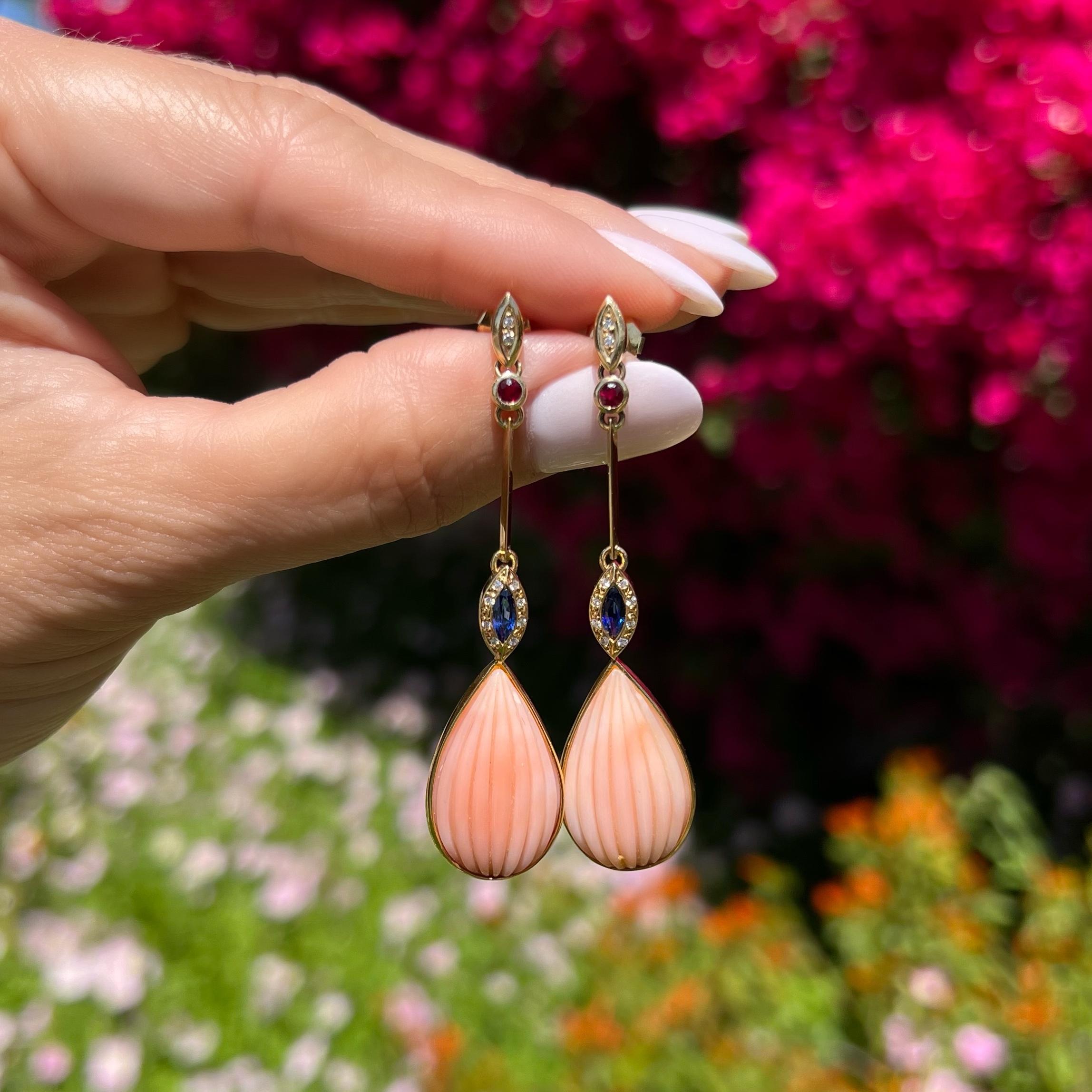 Contemporary Angelskin Coral Sapphire Ruby and Diamond Drop Gold Earrings Estate Fine Jewelry