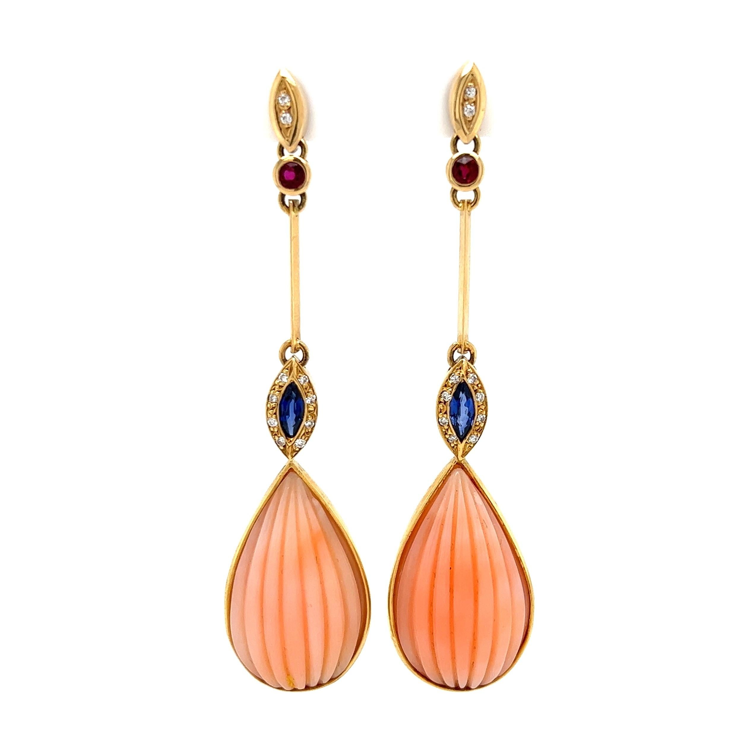 Mixed Cut Angelskin Coral Sapphire Ruby and Diamond Drop Gold Earrings Estate Fine Jewelry For Sale