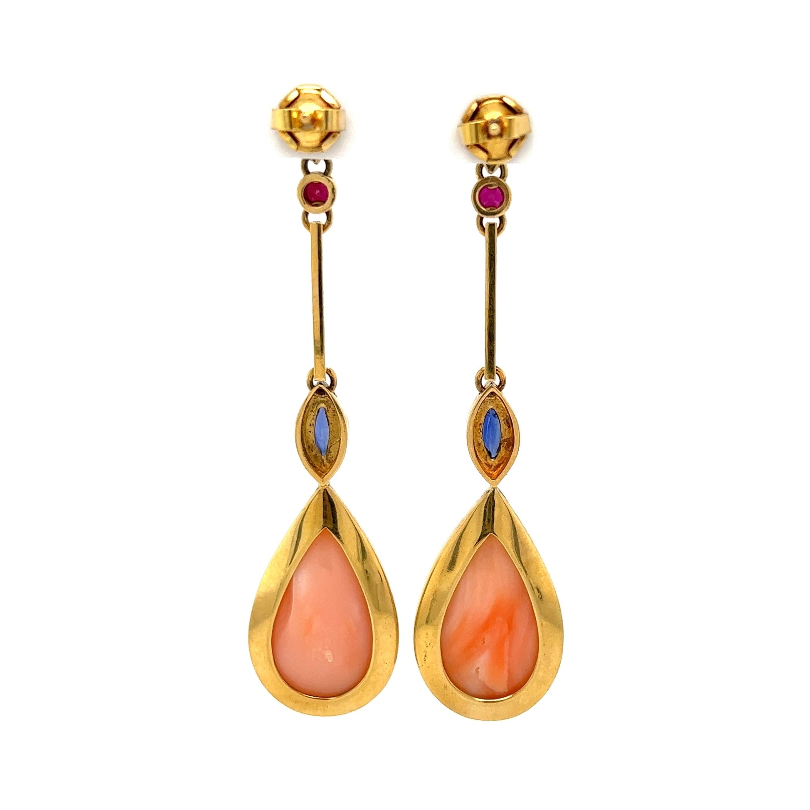 Angelskin Coral Sapphire Ruby and Diamond Drop Gold Earrings Estate Fine Jewelry In Excellent Condition For Sale In Montreal, QC