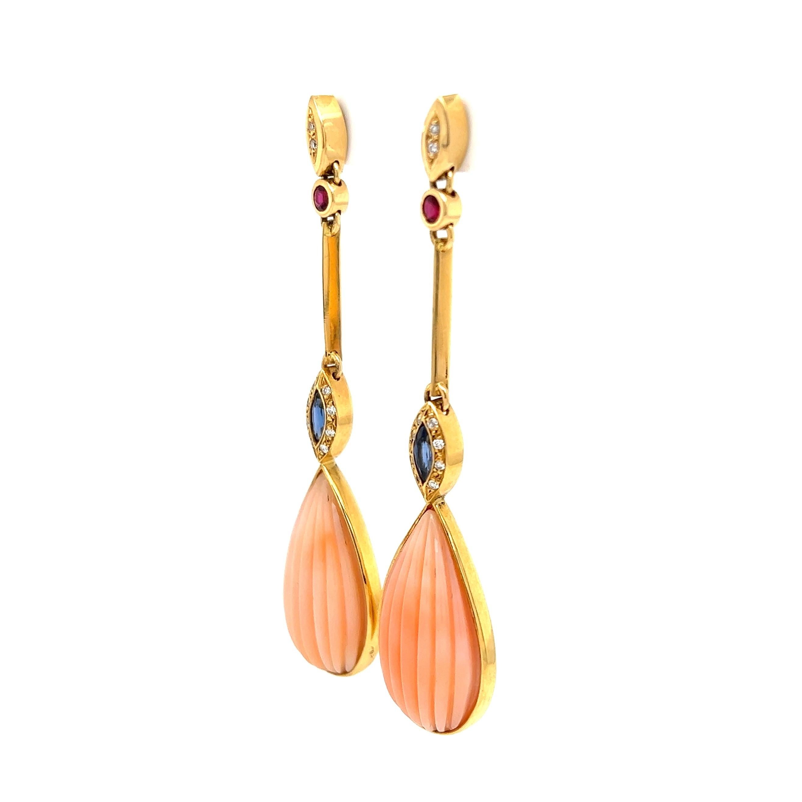 Women's Angelskin Coral Sapphire Ruby and Diamond Drop Gold Earrings Estate Fine Jewelry For Sale