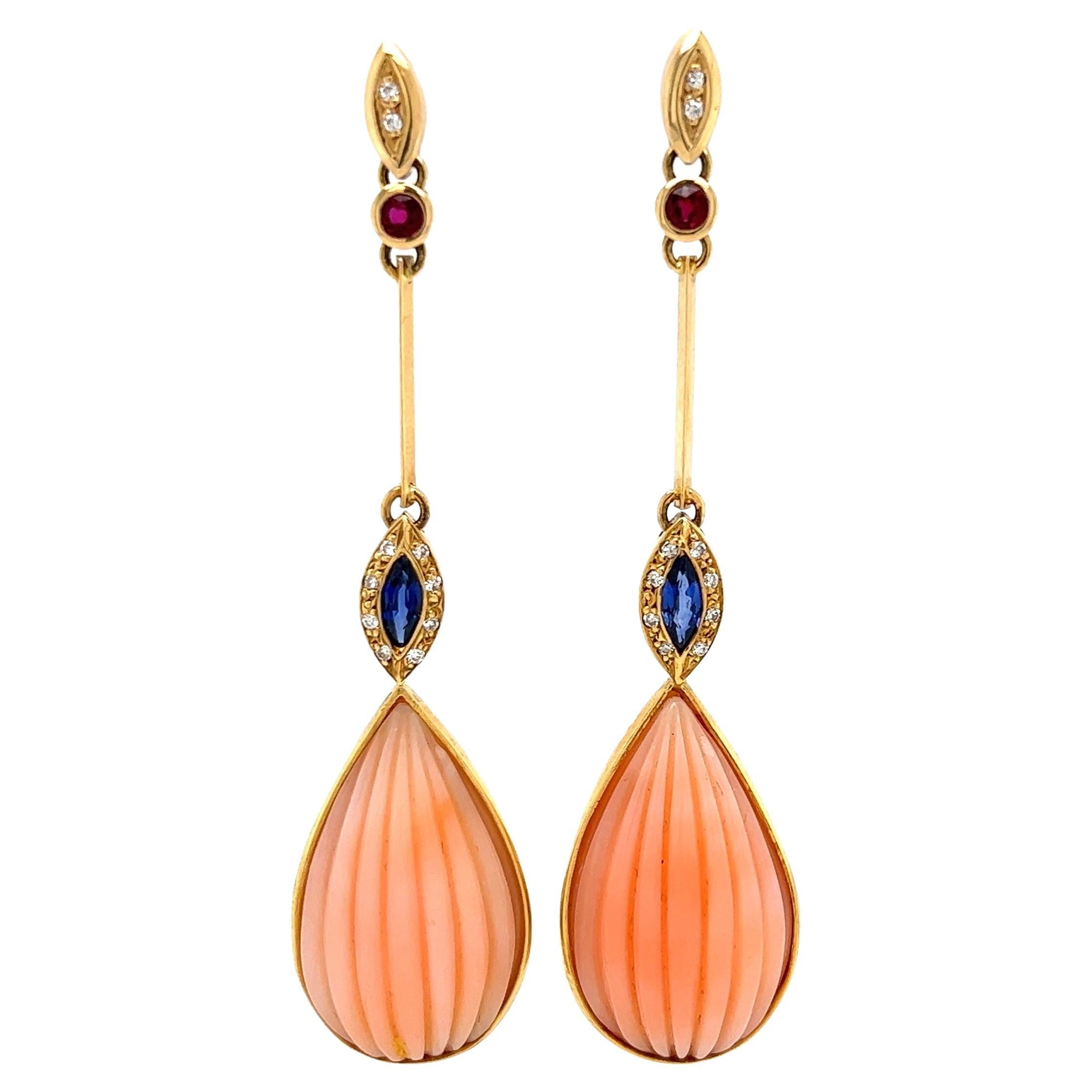 Angelskin Coral Sapphire Ruby and Diamond Drop Gold Earrings Estate Fine Jewelry