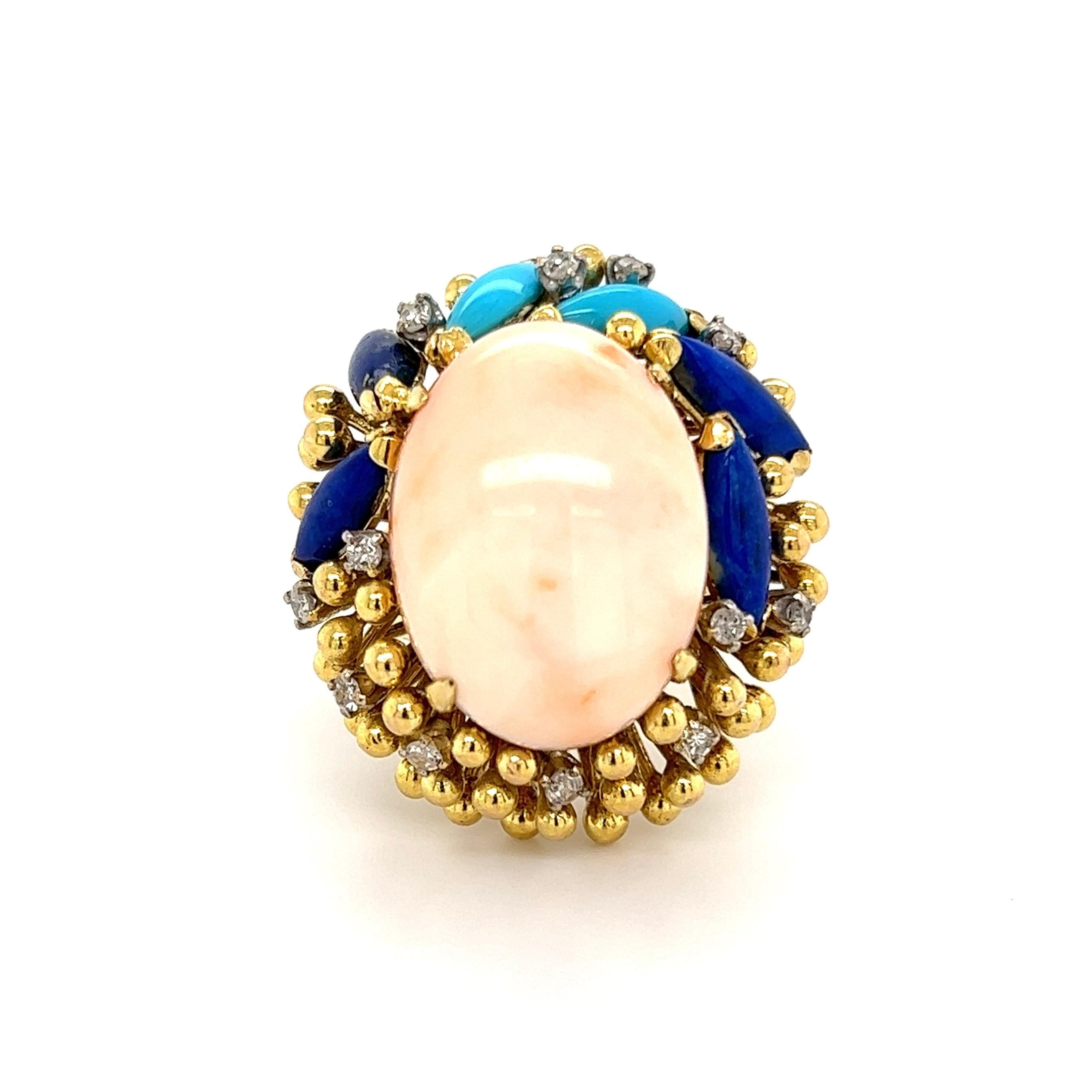 Modernist Angelskin Coral Turquoise Lapis and Diamond Gold Ring Estate Fine Jewelry For Sale