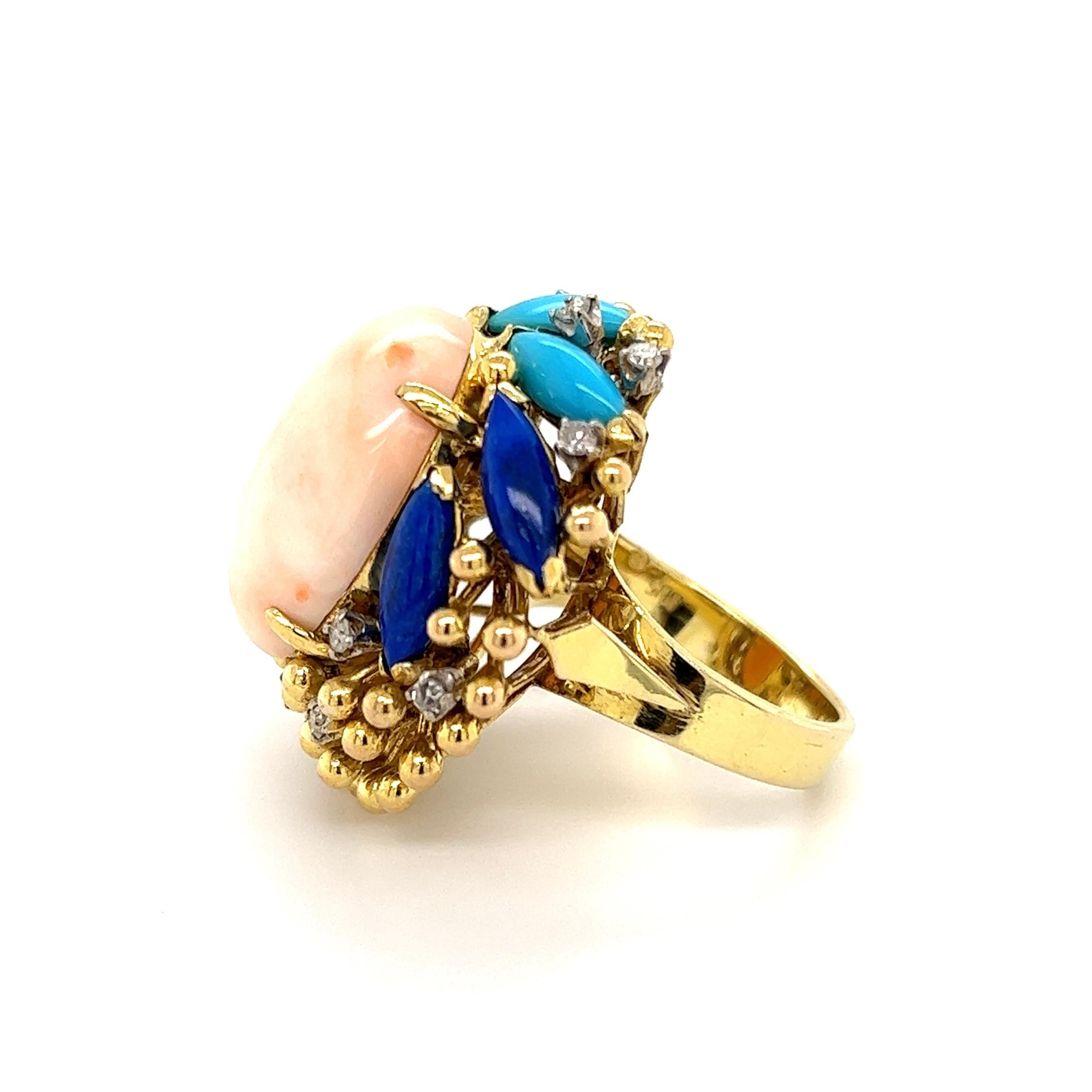 Mixed Cut Angelskin Coral Turquoise Lapis and Diamond Gold Ring Estate Fine Jewelry For Sale