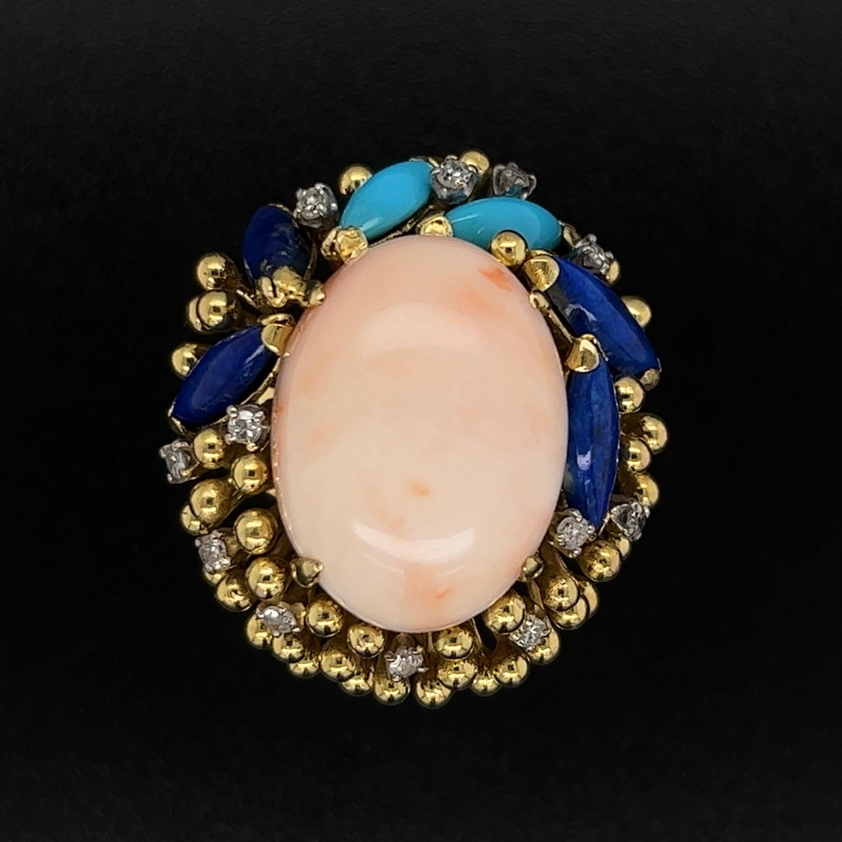 Angelskin Coral Turquoise Lapis and Diamond Gold Ring Estate Fine Jewelry In Excellent Condition For Sale In Montreal, QC