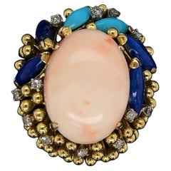 Angelskin Coral Turquoise Lapis and Diamond Gold Ring Estate Fine Jewelry