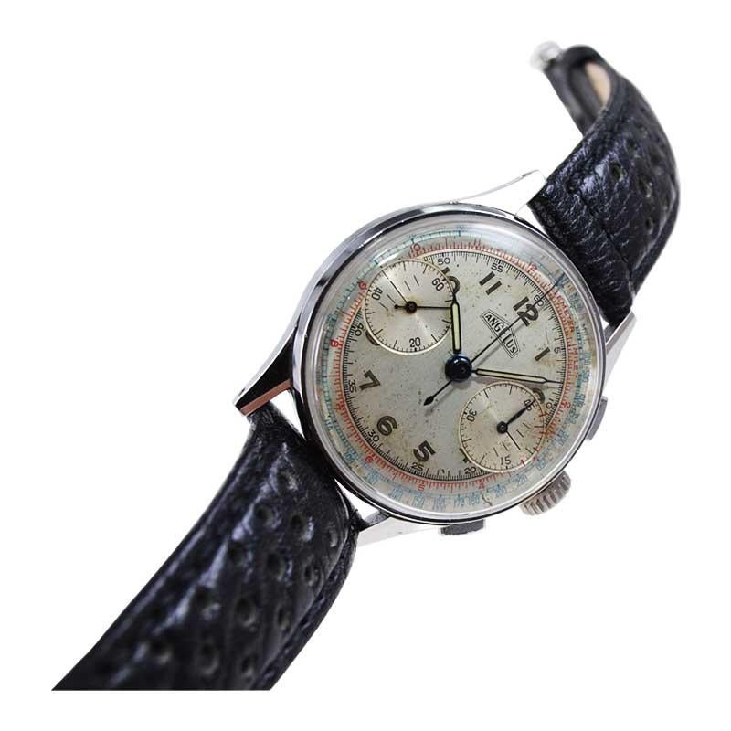 Angelus Stainless Steel Two Register Chronograph Manual Watch, 1940s In Excellent Condition For Sale In Long Beach, CA