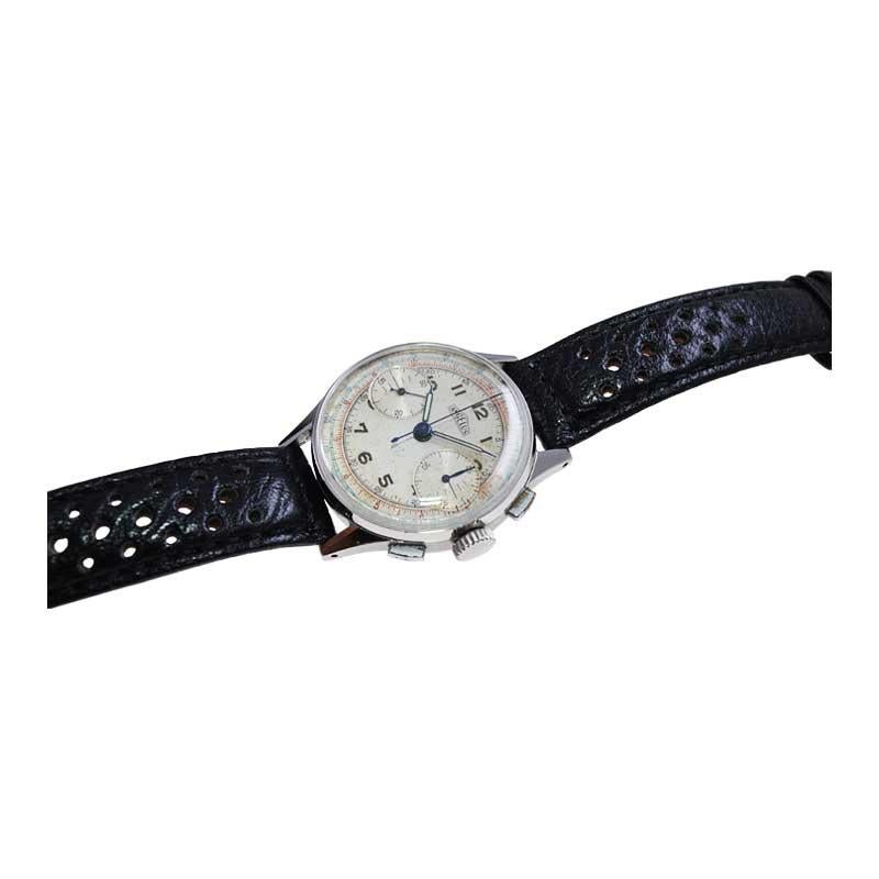 Women's or Men's Angelus Stainless Steel Two Register Chronograph Manual Watch, 1940s For Sale