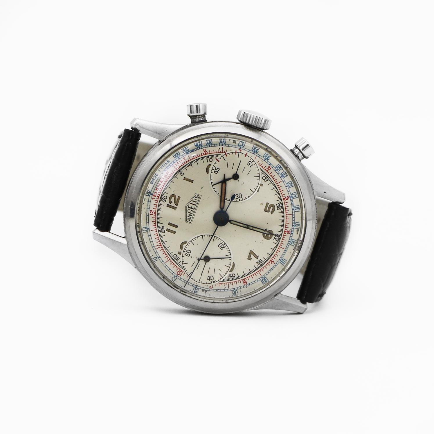 Angelus Vintage Stainless Steel Two Register Chronograph Manual Watch en venta