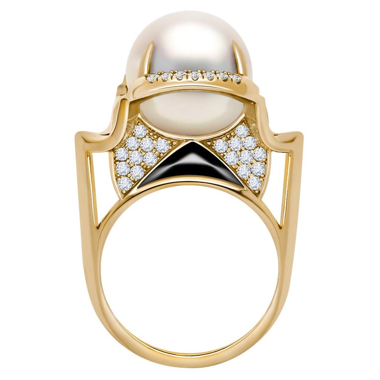 Angie Marei Isis Goddess South Sea Pearl & Diamond Ring in 18K Yellow Gold For Sale