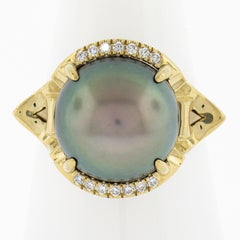 Angie Marie 18k Gold 13mm Tahitian Pearl Diamond Black Enamel Isis Goddess Ring
