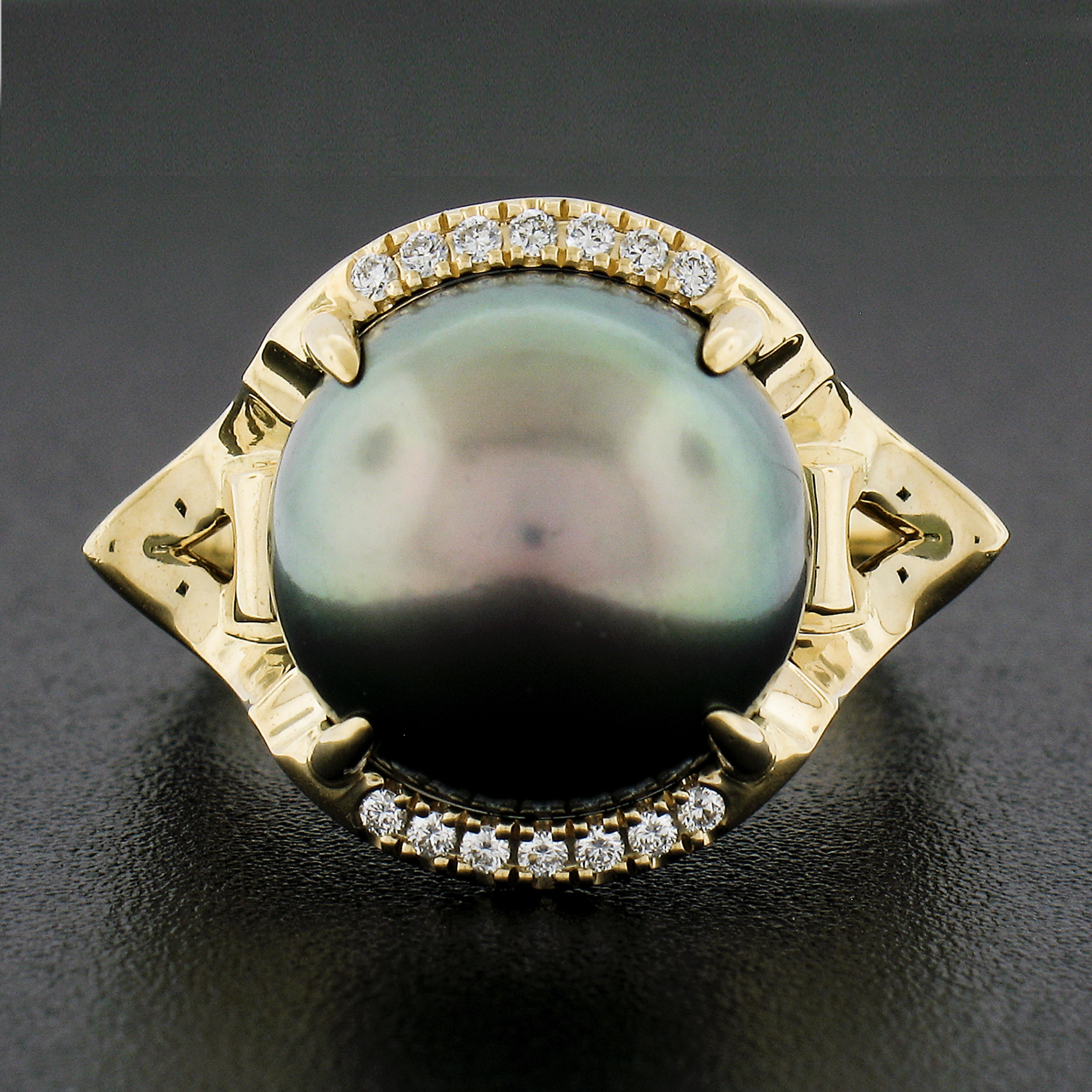 Round Cut Angie Marie 18k Gold 13mm Tahitian Pearl Diamond Black Enamel Isis Goddess Ring For Sale