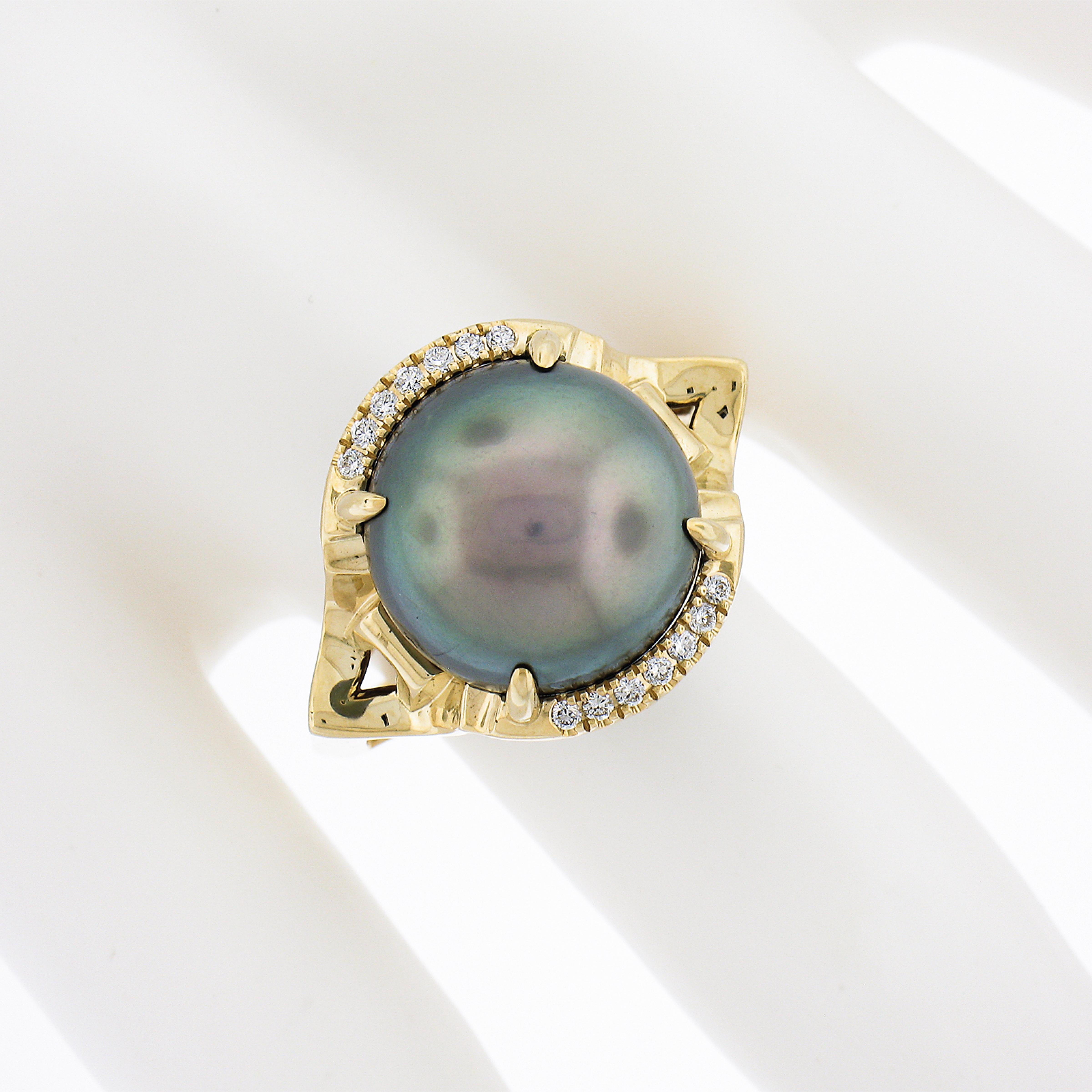 Angie Marie 18k Gold 13mm Tahitian Pearl Diamond Black Enamel Isis Goddess Ring In Excellent Condition For Sale In Montclair, NJ