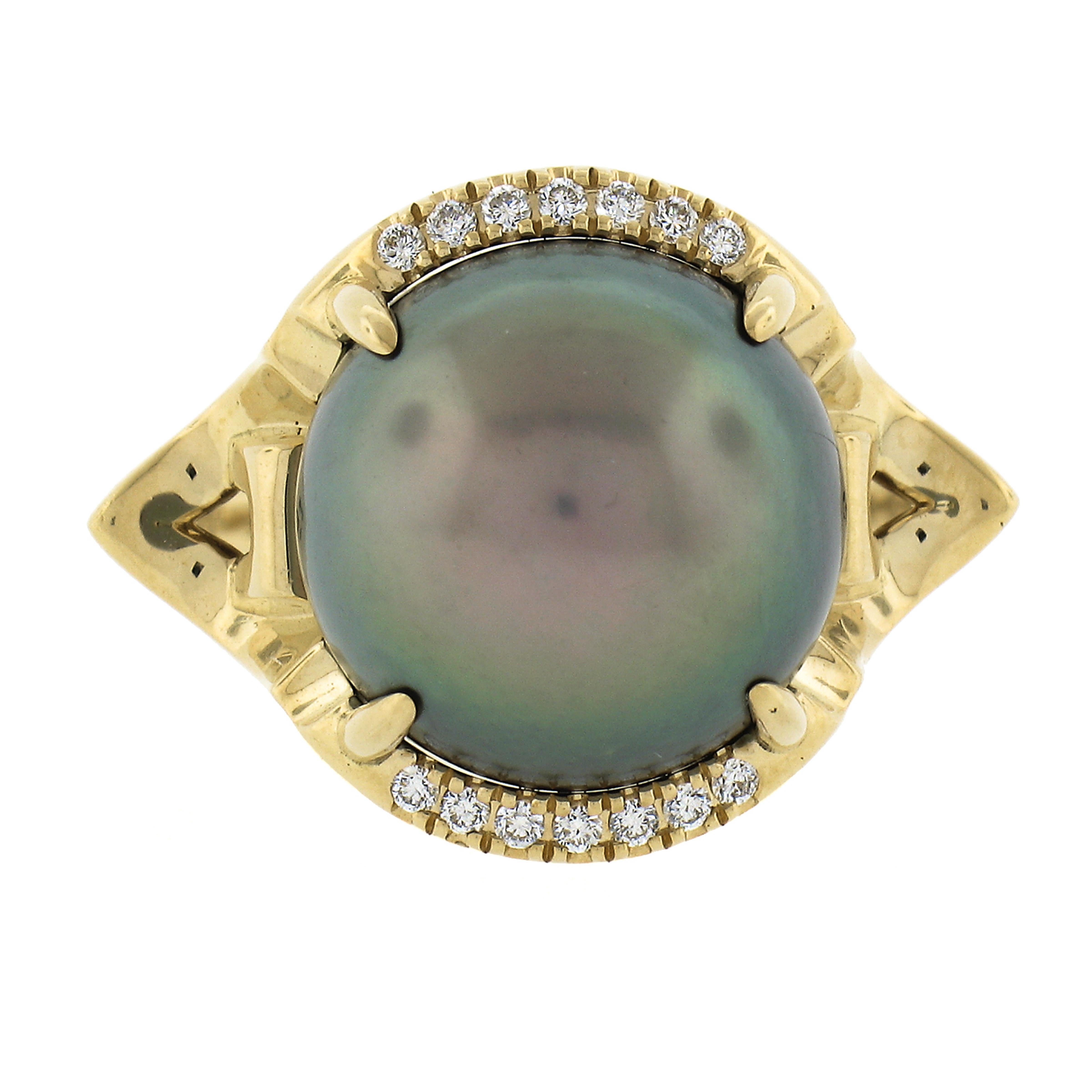 Women's Angie Marie 18k Gold 13mm Tahitian Pearl Diamond Black Enamel Isis Goddess Ring For Sale