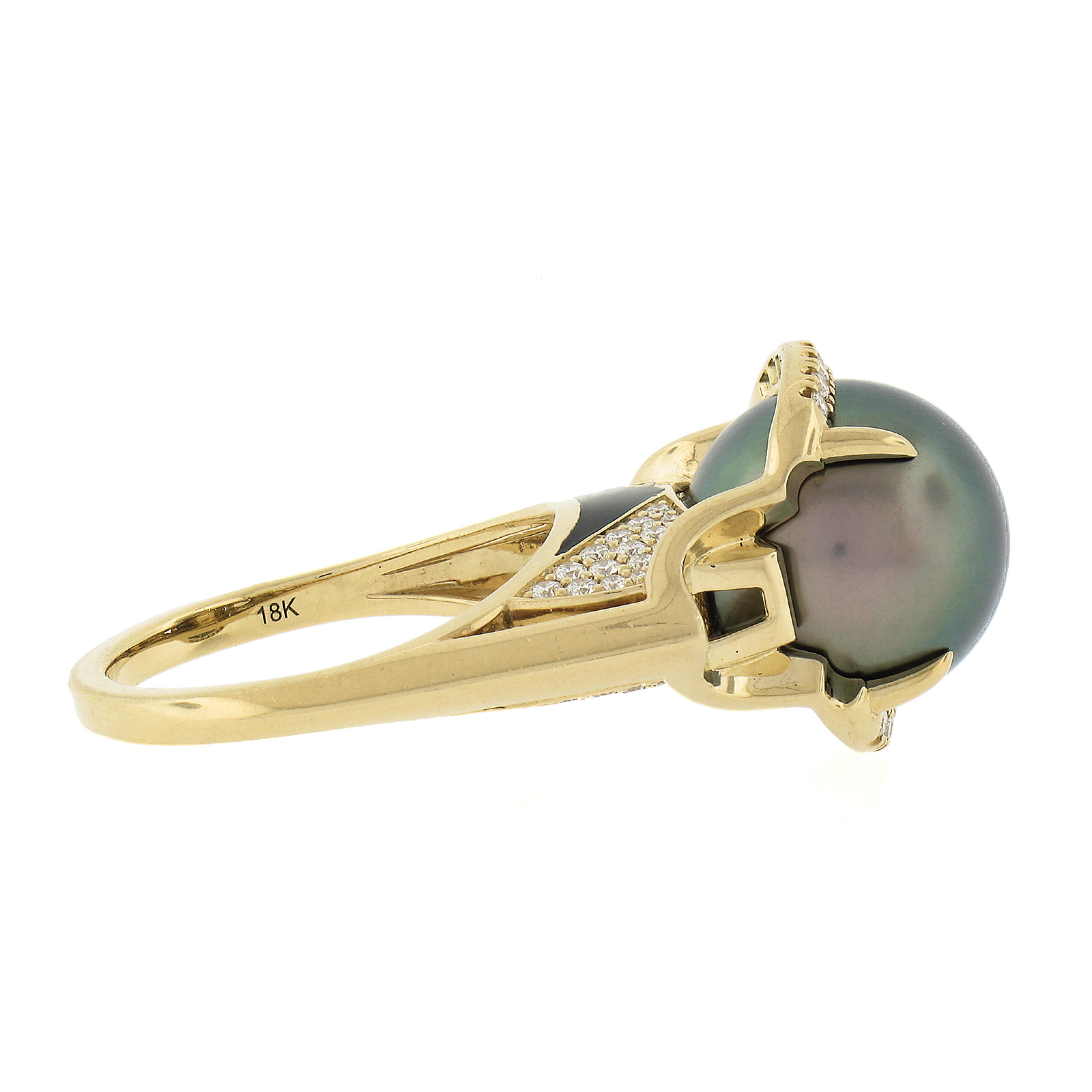 Angie Marie Isis Goddess Ring, 18 Karat Gold 13 mm Tahiti-Perle Diamant Schwarz Emaille im Angebot 1